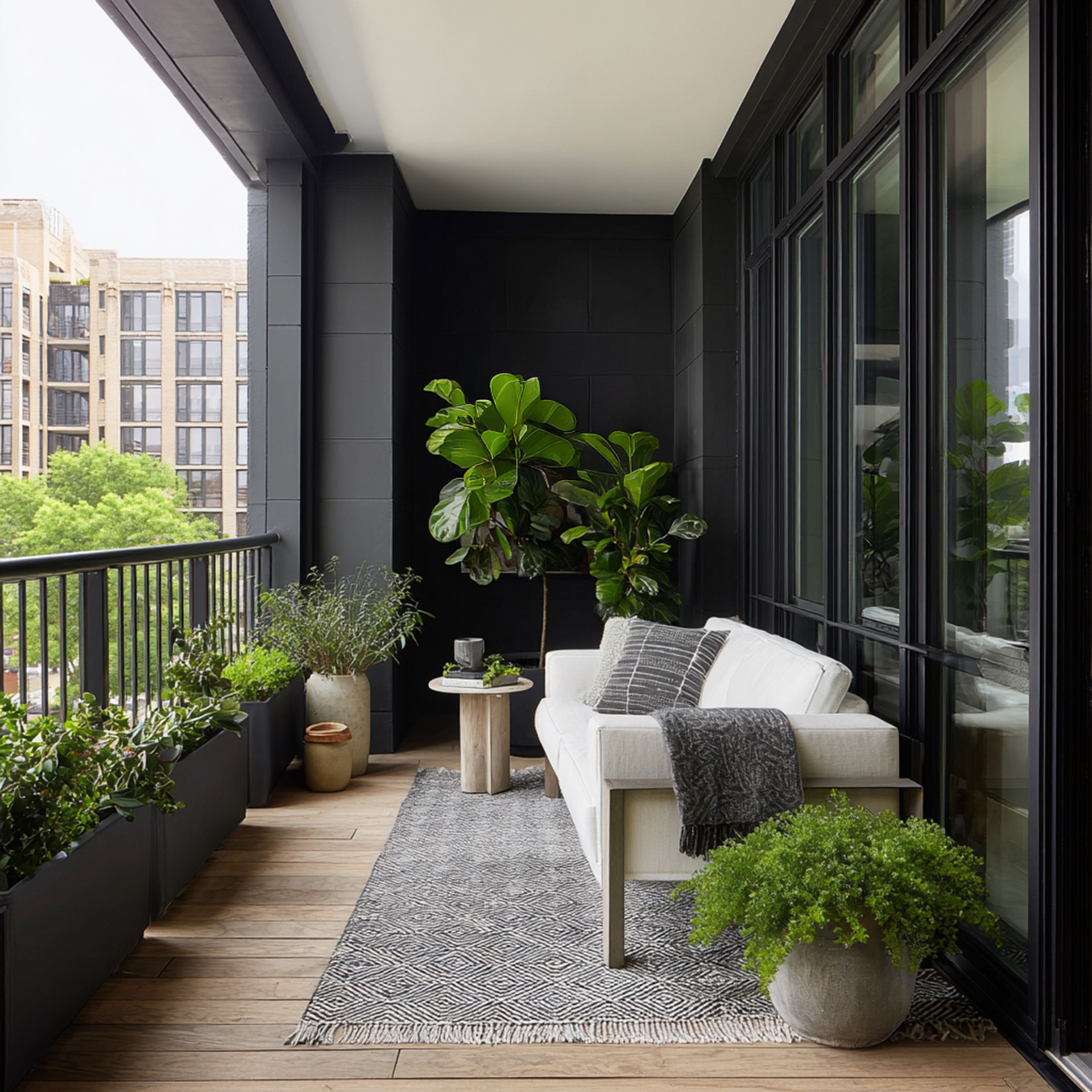 Balcony Design With Black Cladding, Matte Black Accent Wall and Coffee Table
