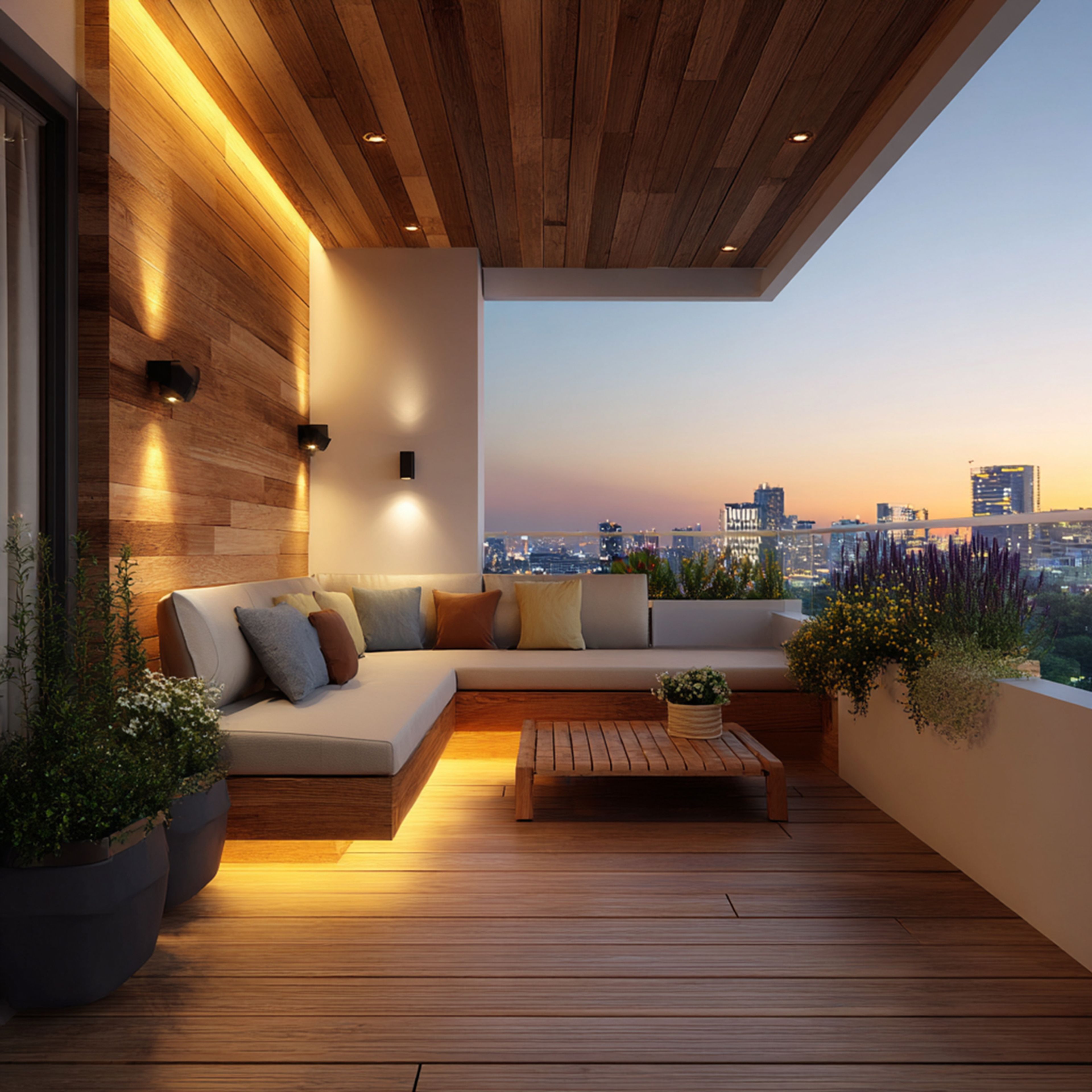 Balcony Design With L-Shaped Seating, Wood Wall and Built-in Bench
