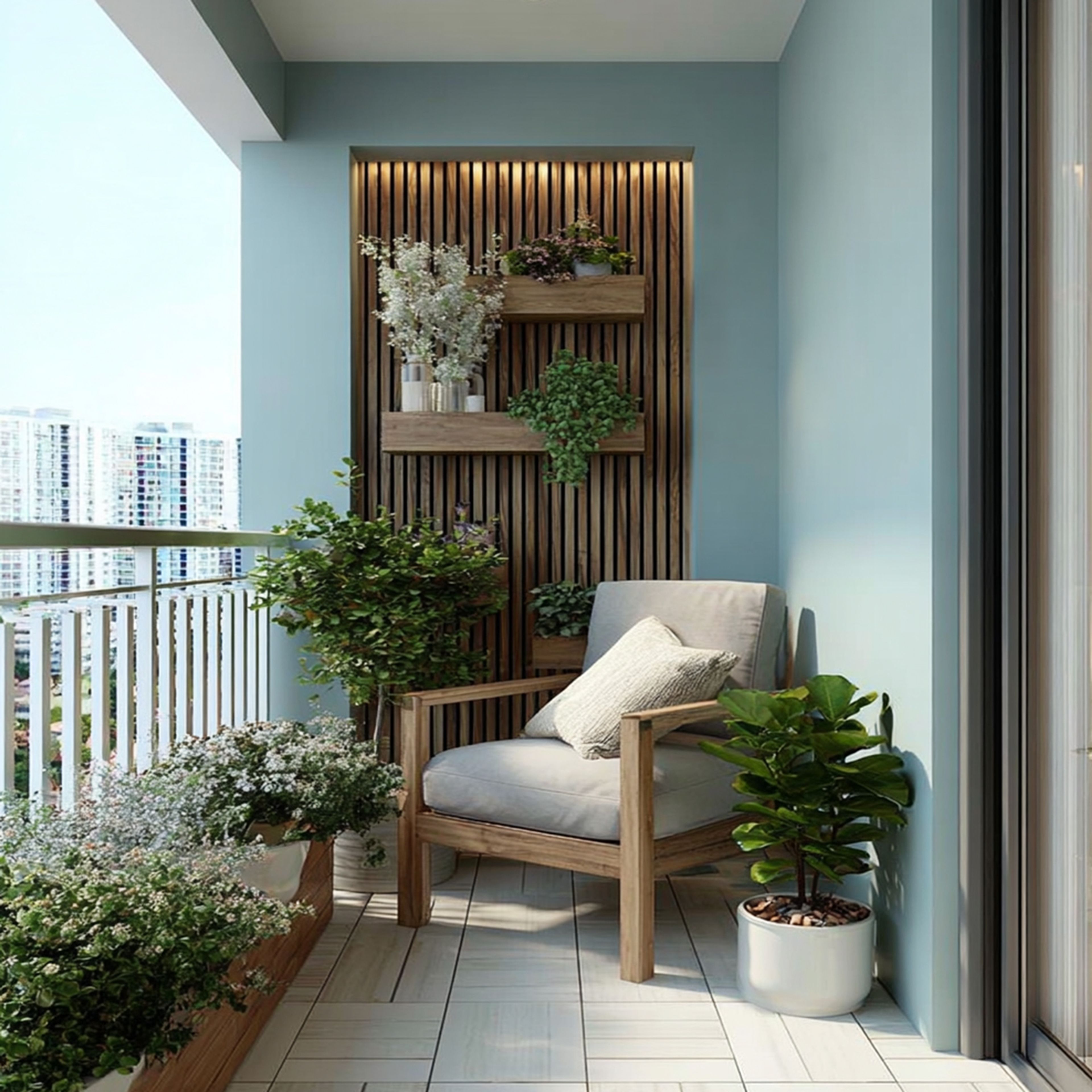 Balcony Design with Planters, Armchair and Vertical Wood Feature