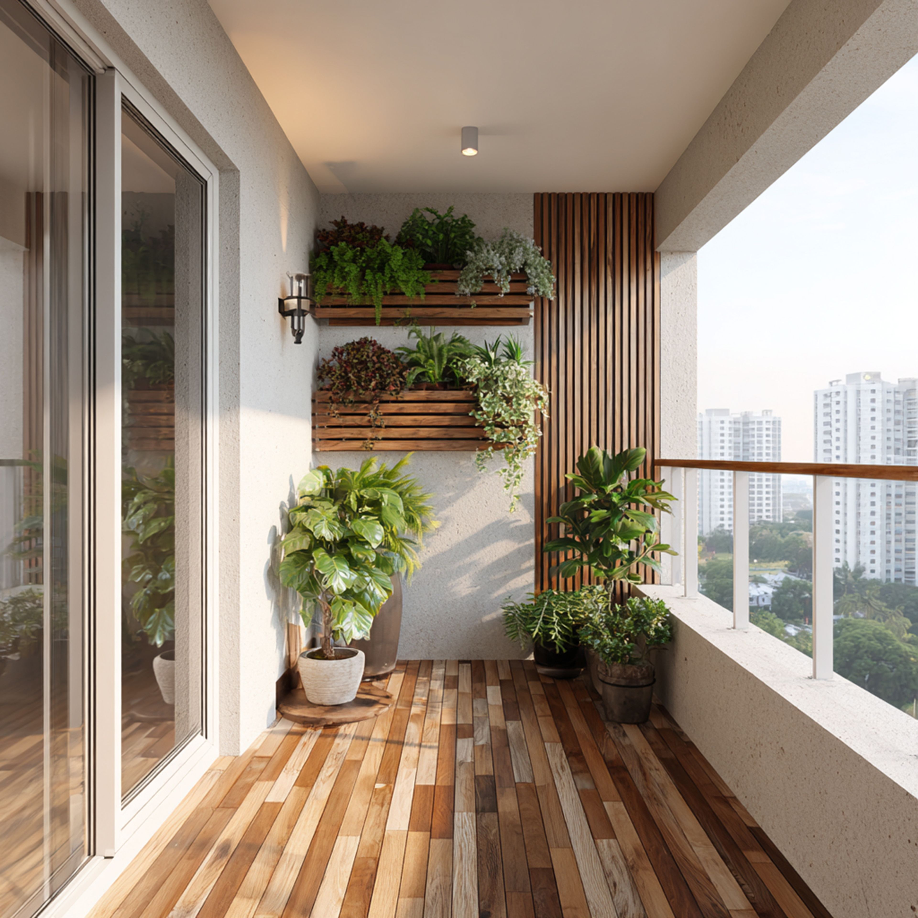 Balcony Design with Vertical Garden and Wood Plank Flooring