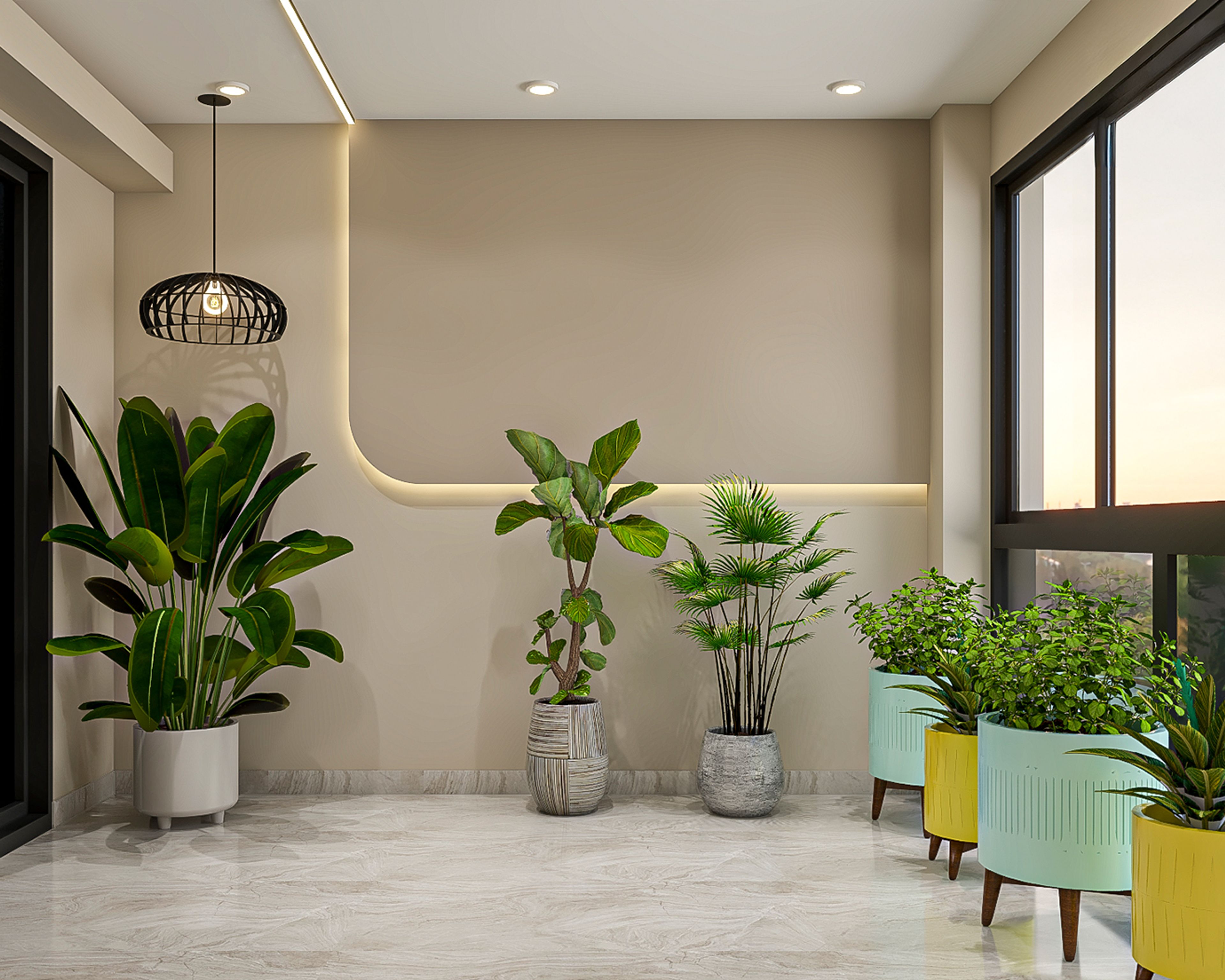 Mid-Century Modern Balcony Design with Soft Beige Sculptural Walls