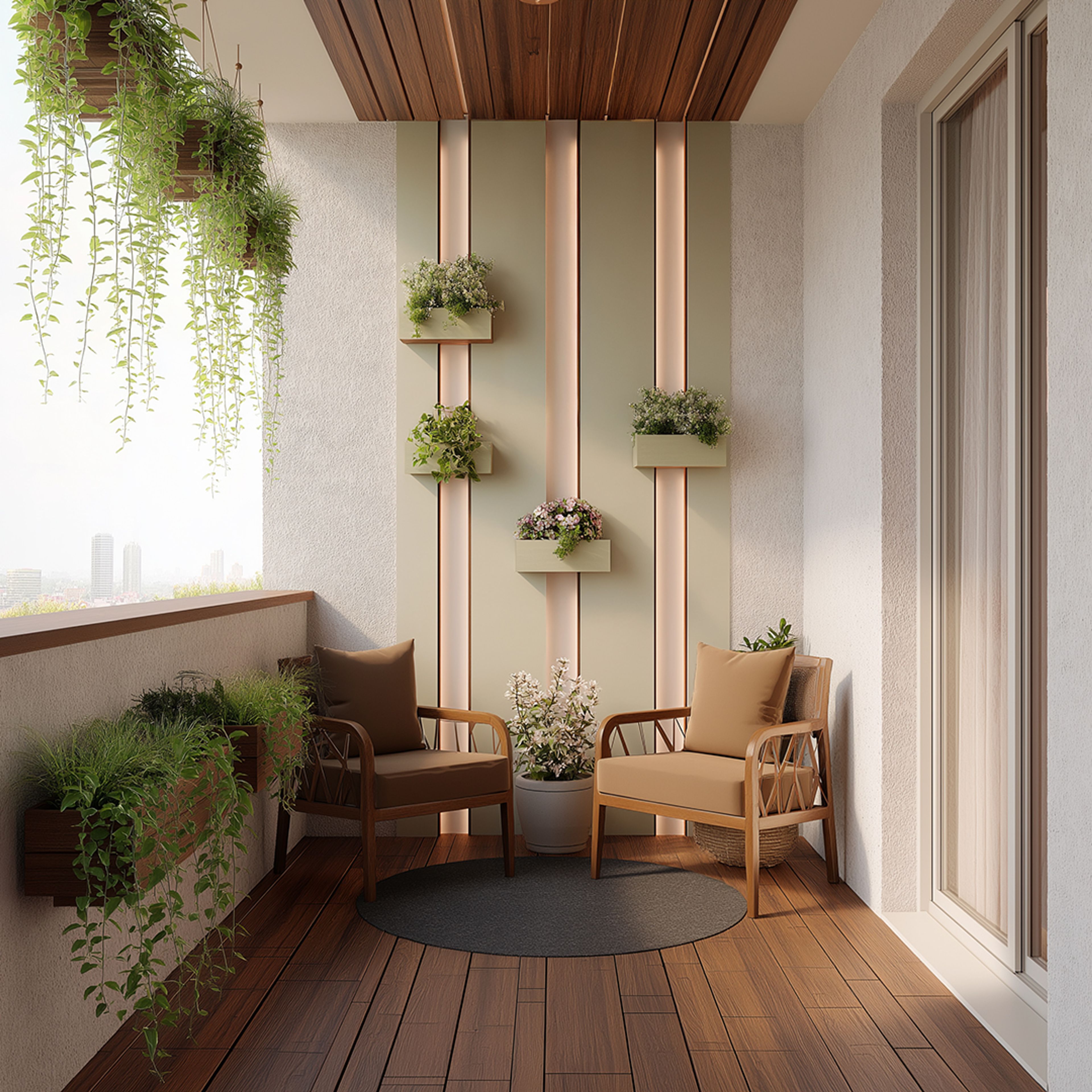 Contemporary Balcony Design with Vertical Panel Wall and Wooden Armchairs