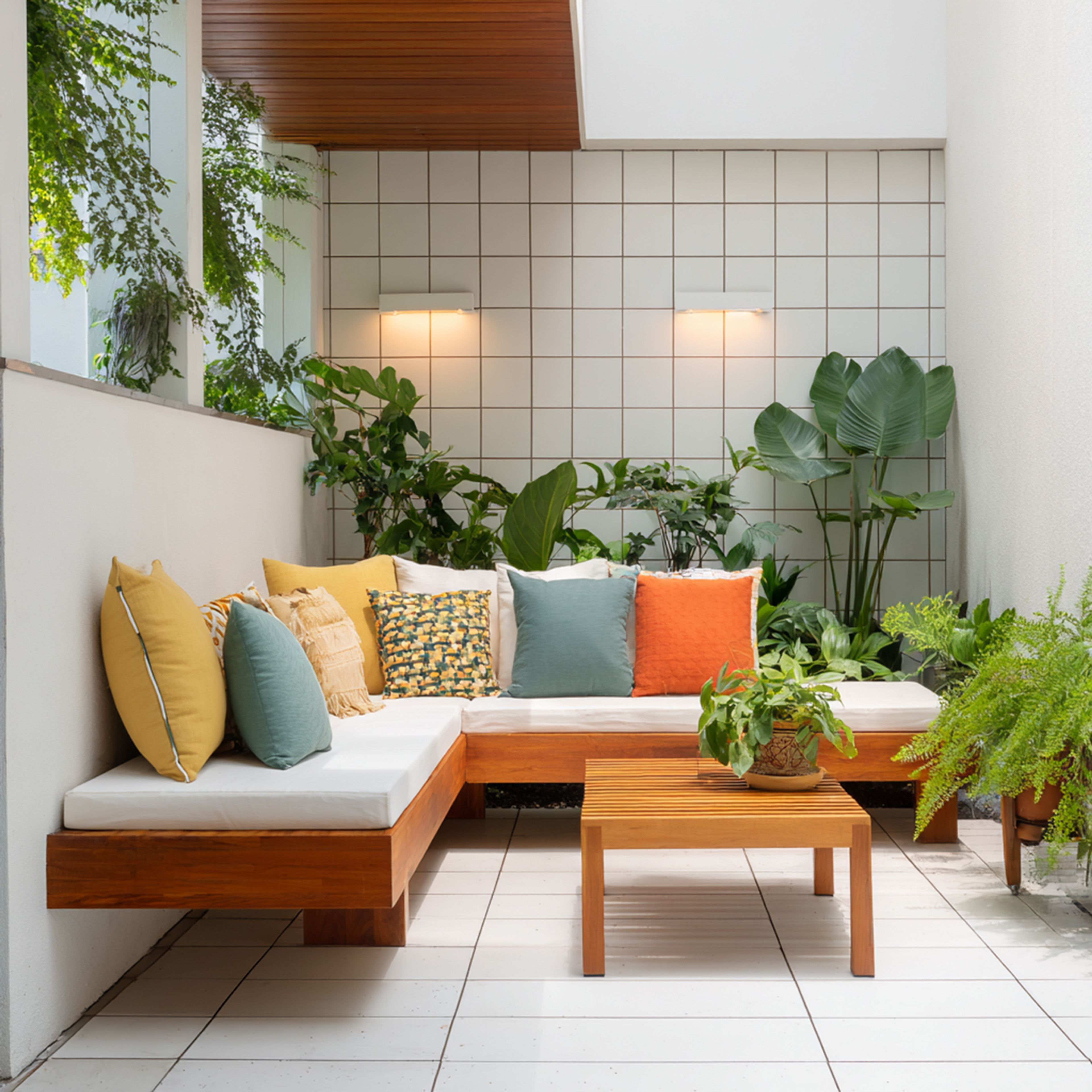 Tropical Balcony Design with Tiled Accent Wall, Wooden Ceiling and Built-In Seating