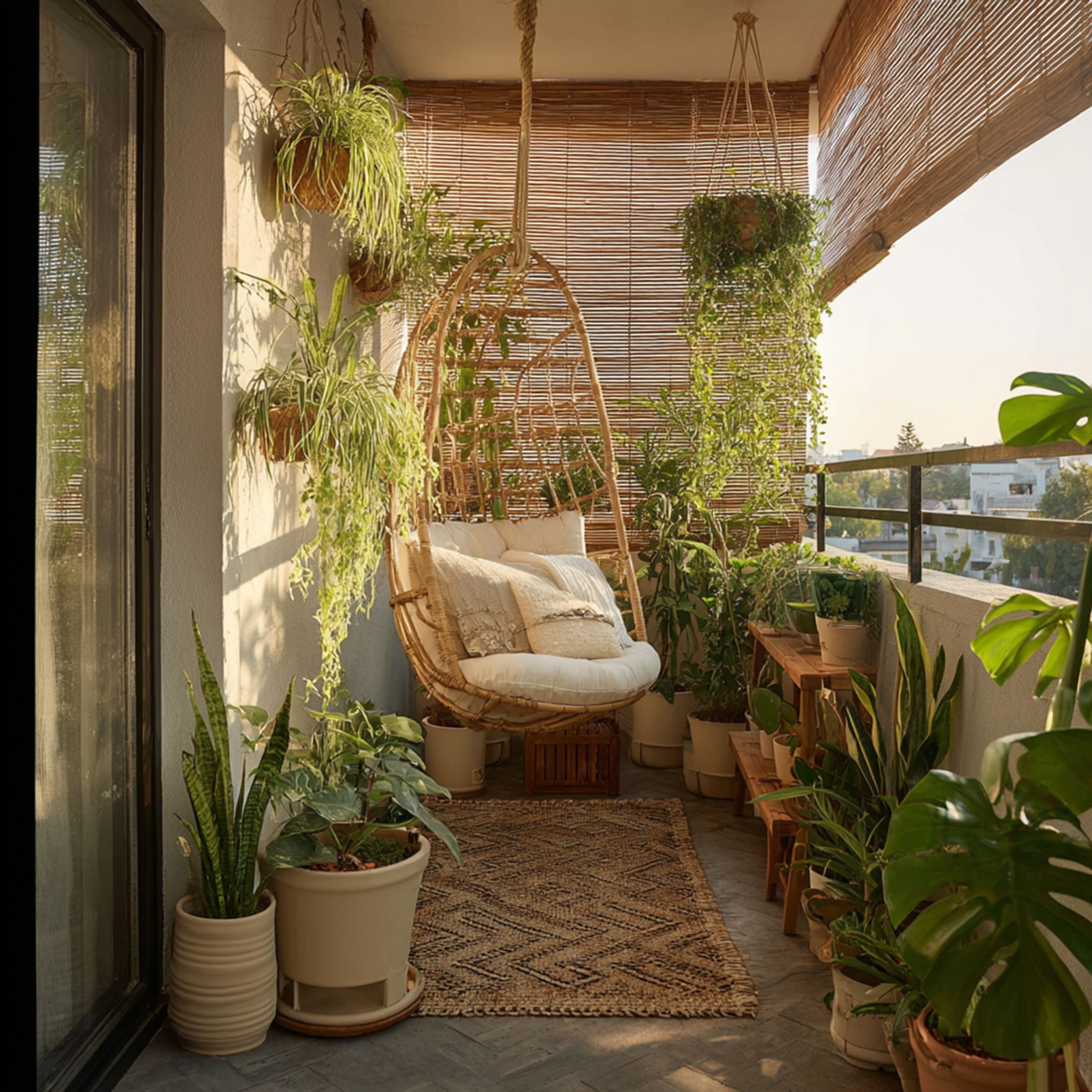 Bohemian Hanging Garden Balcony Design with Swing Chair and Cane Blind