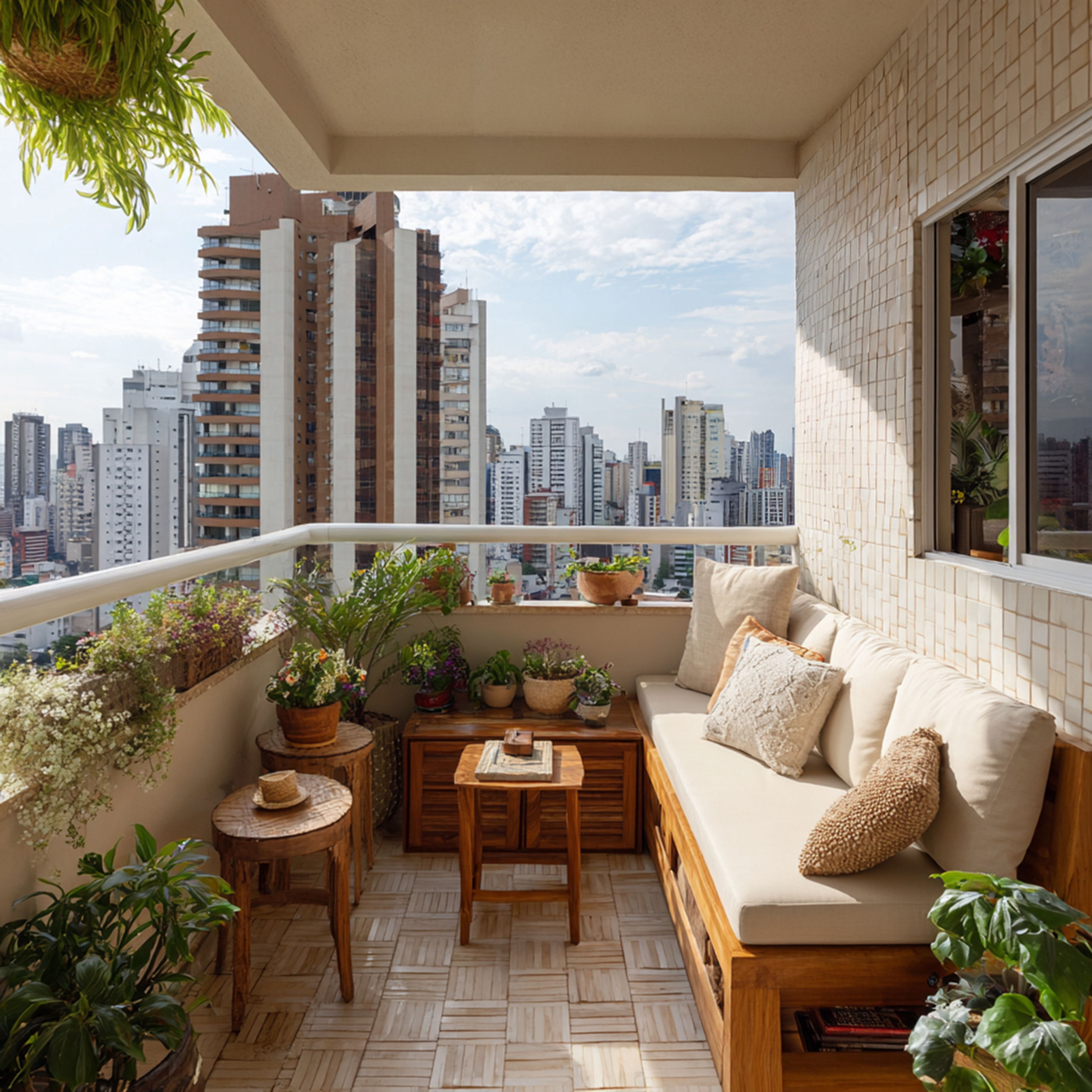 Bohemian Balcony Design with Built In Wooden Sofa Seating