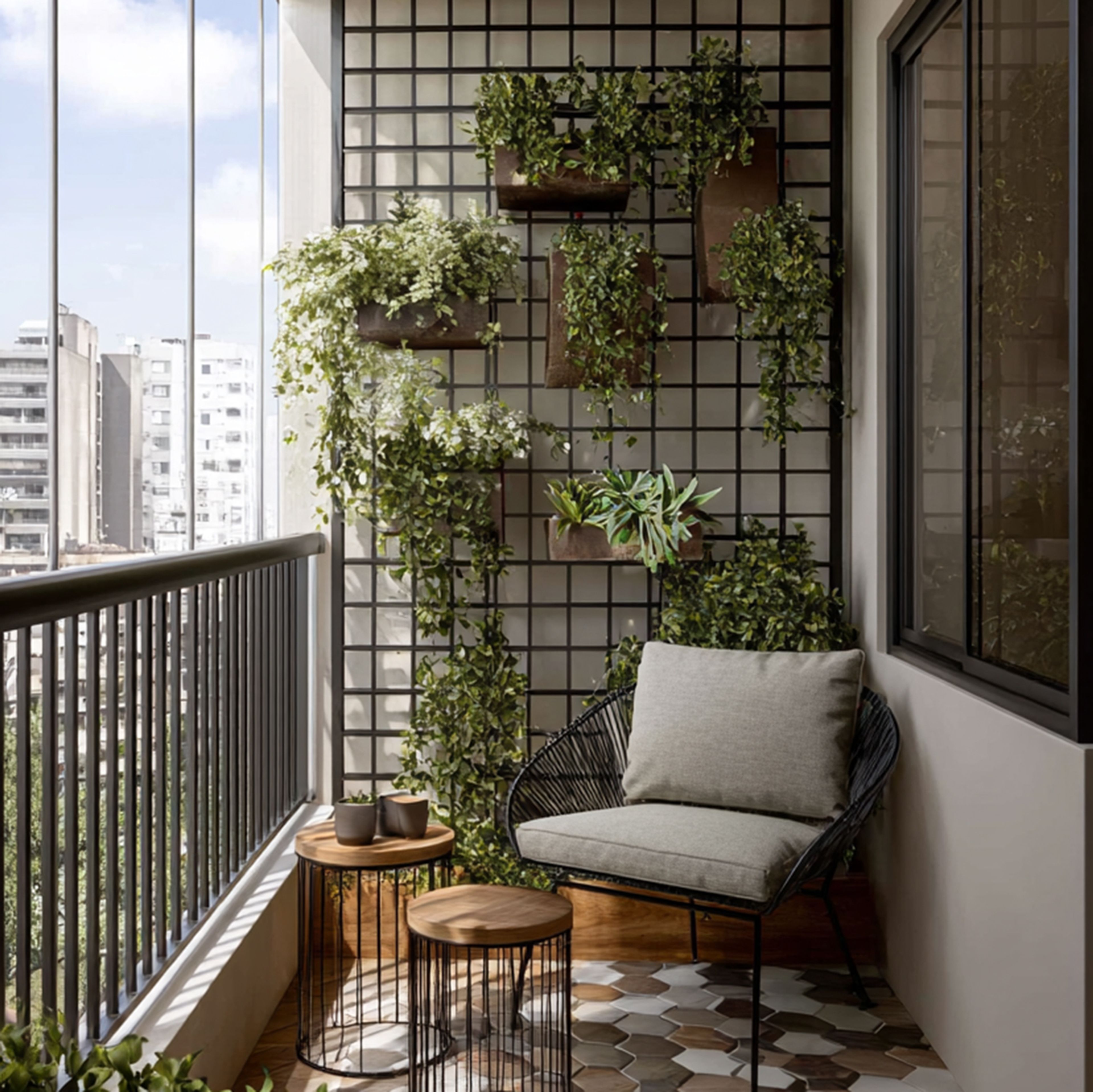 Contemporary Vertical Garden Balcony Design with Metal Grid Planters