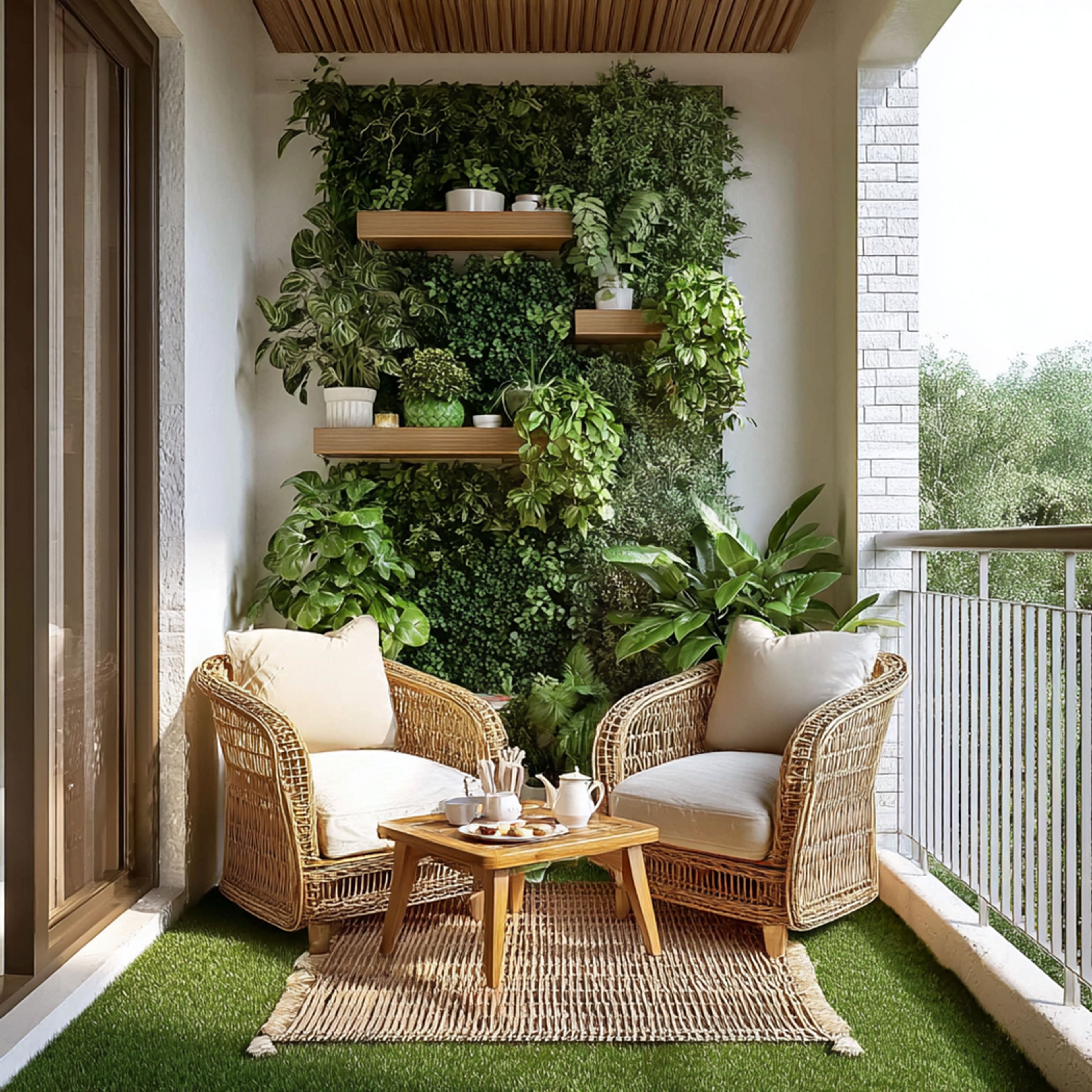 Tropical Green Balcony Design with Living Wall and Rattan Seating