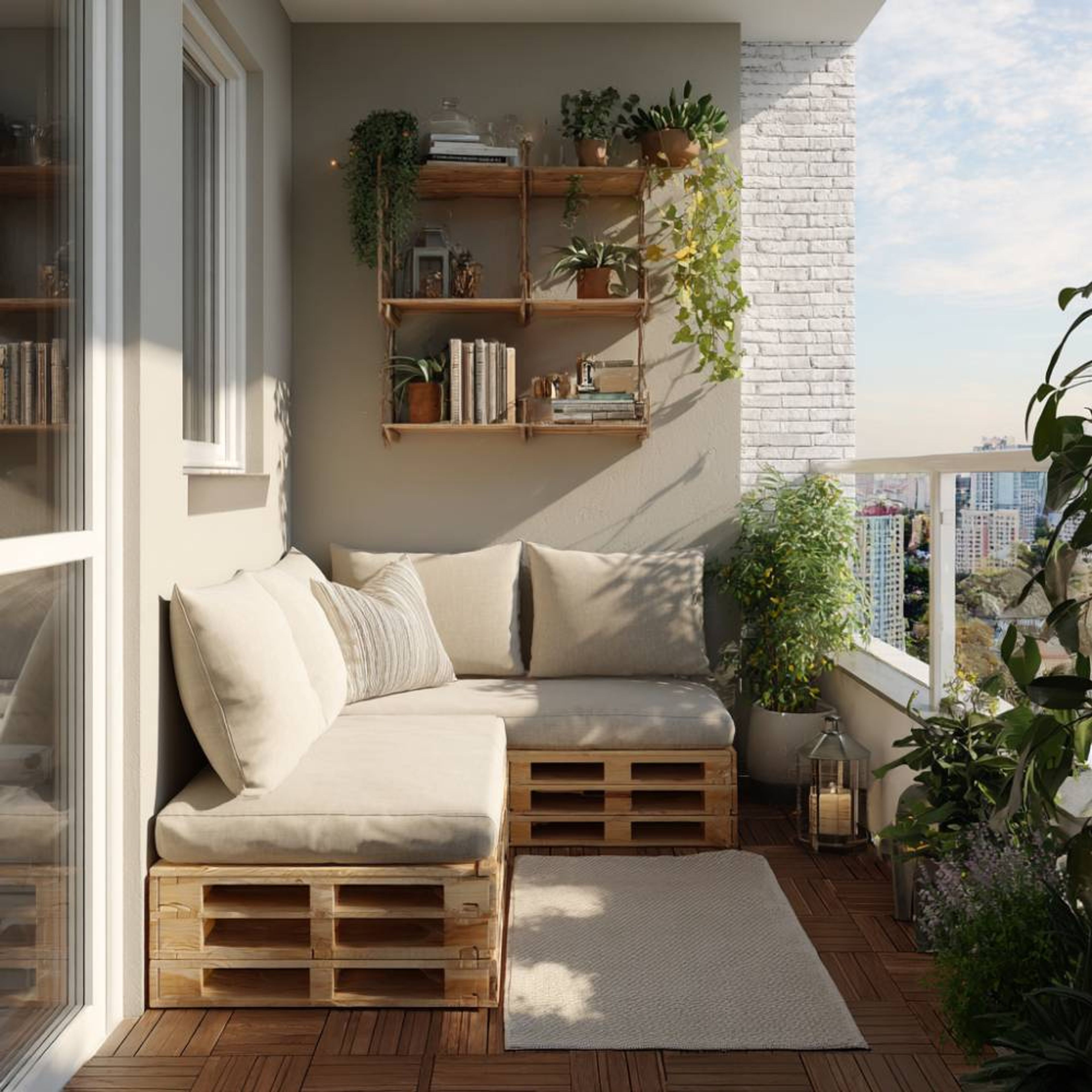 Balcony Design with Wicker Pod Chair and Beige Painted Wall with Shelf