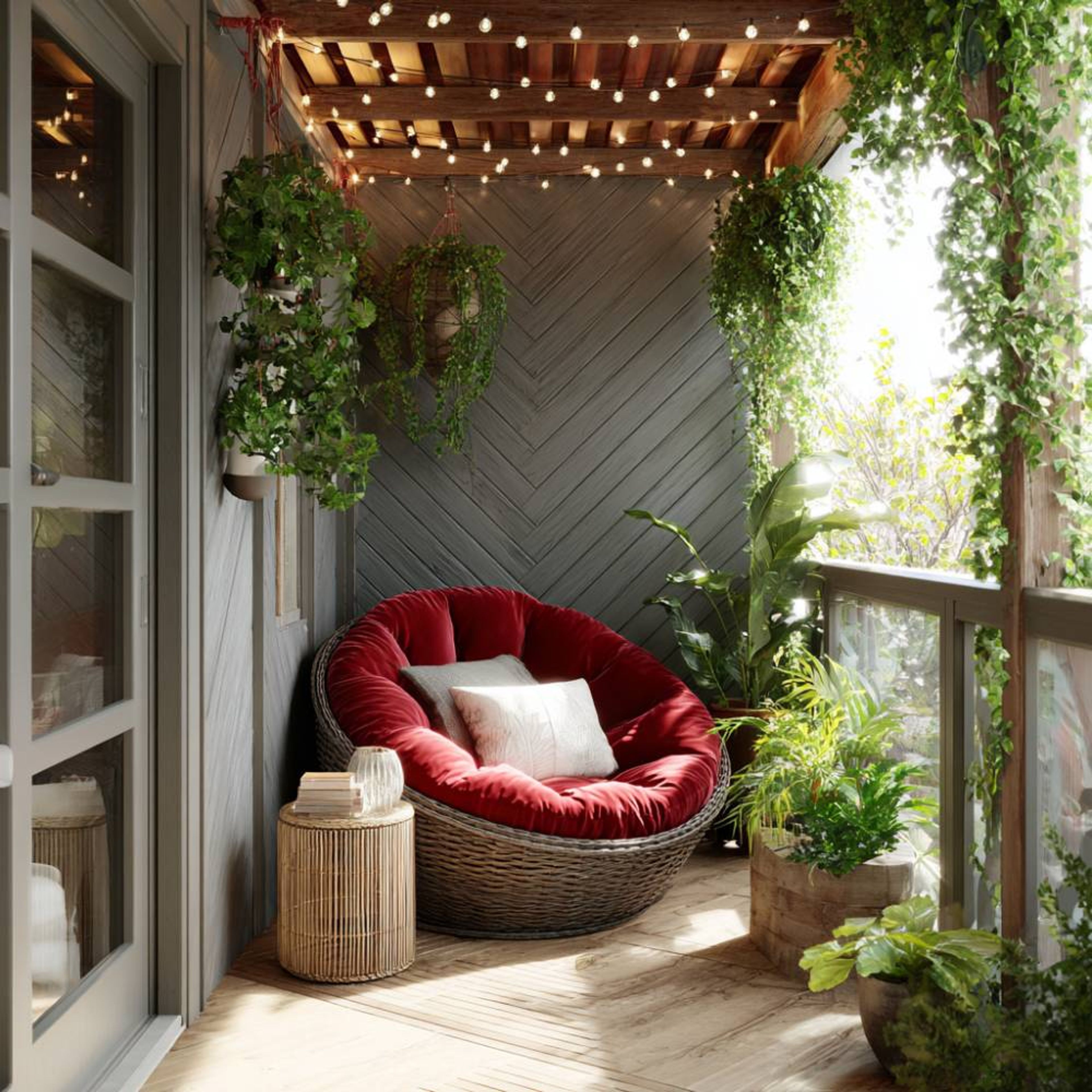 Contemporary Balcony Design with Wooden Texture Panel Wall and Daybed