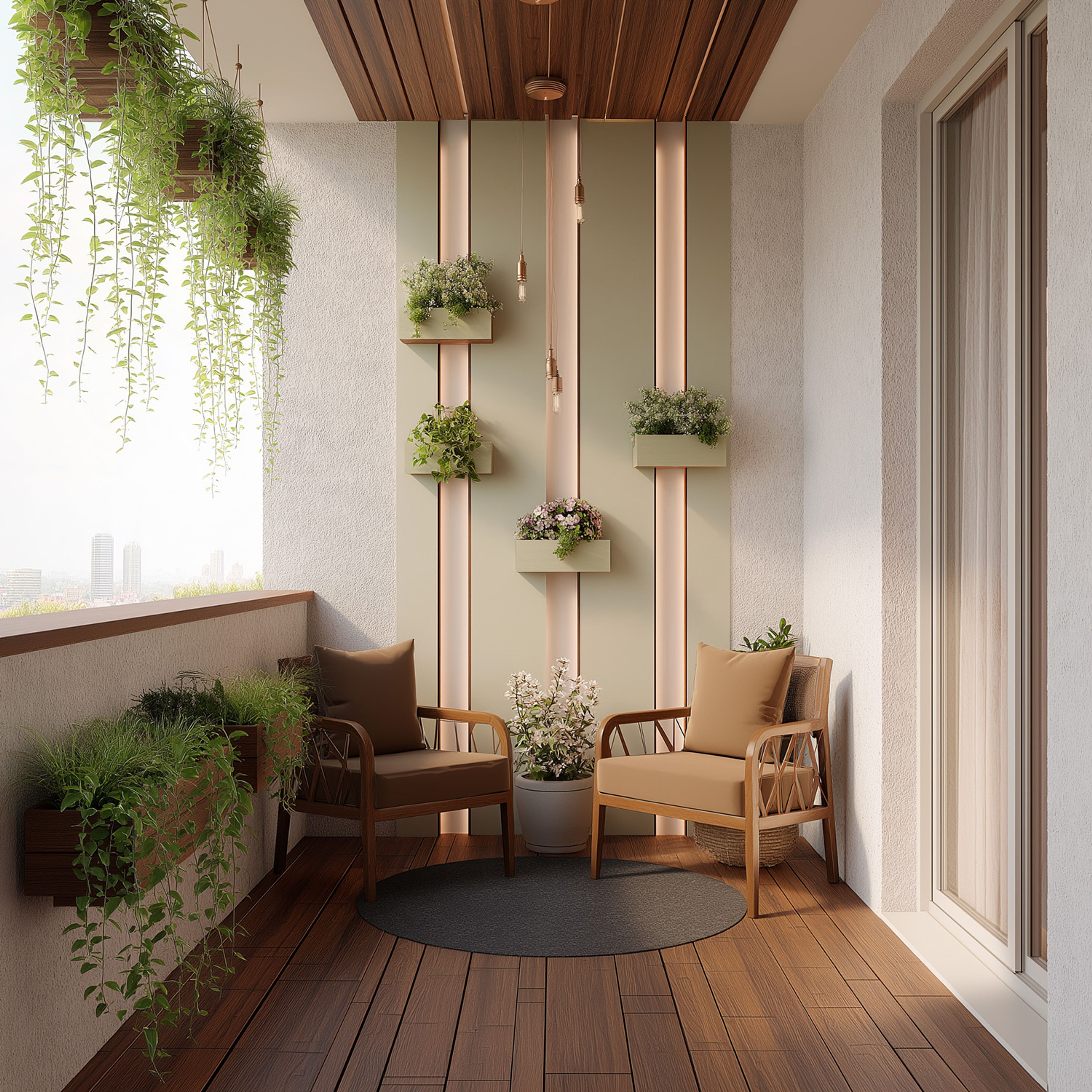 Modern Balcony Design with Vertical Planters, Panelled Wall and Wooden Deck