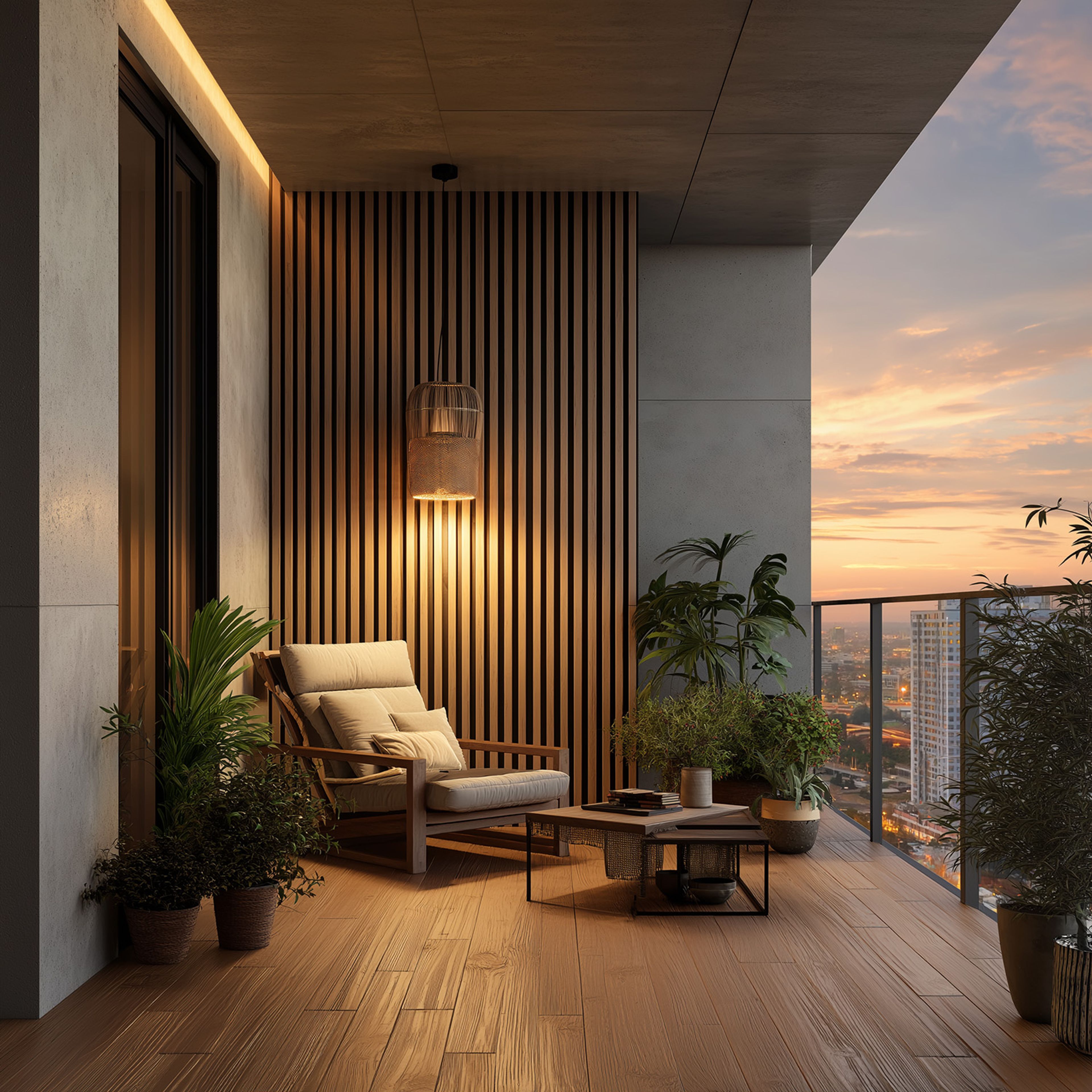 Modern Balcony Design with Cushioned Lounge Chair and Vertical Wooden Slat Wall