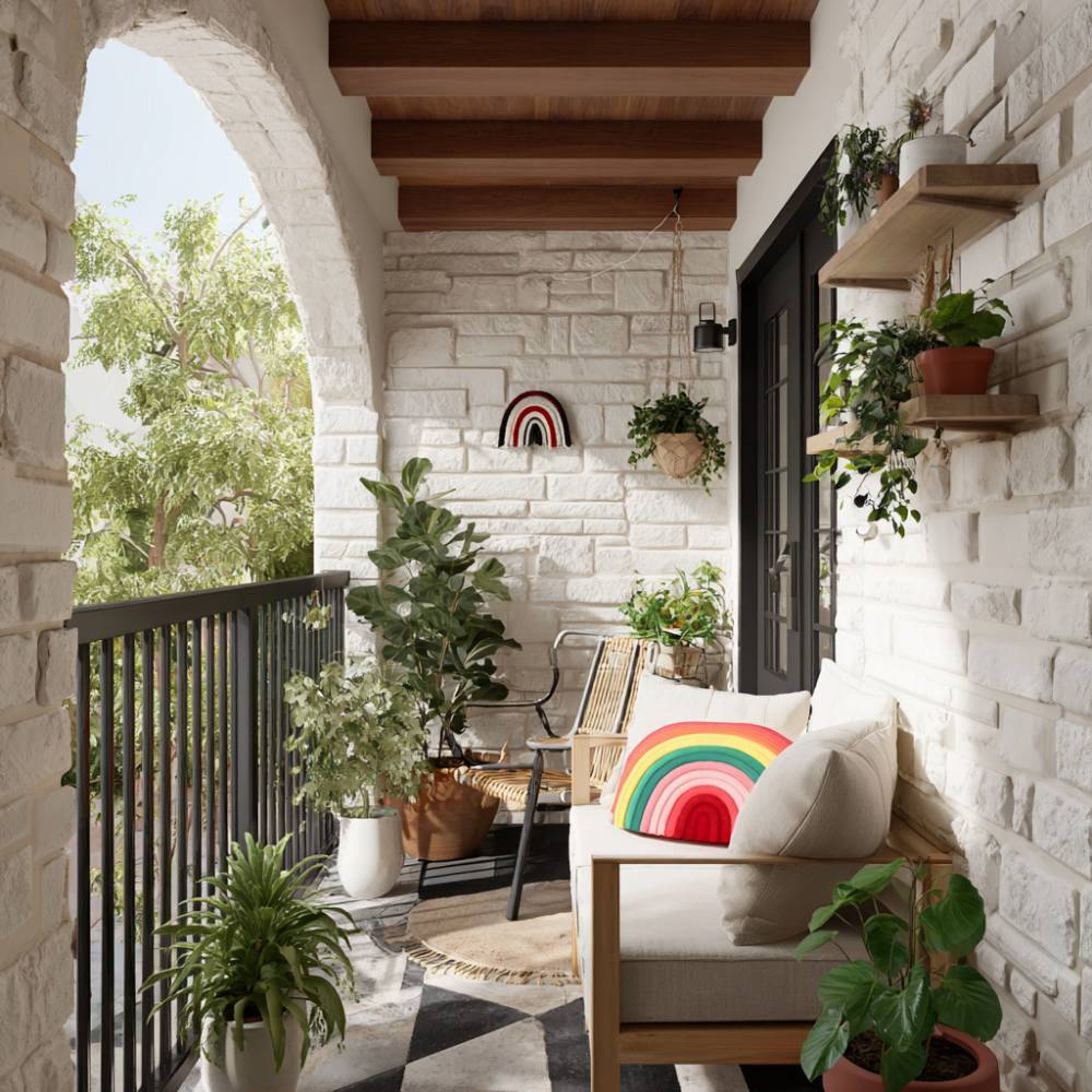 Minimal Balcony Design with Brick Texture Stone Wall and Built In Seating