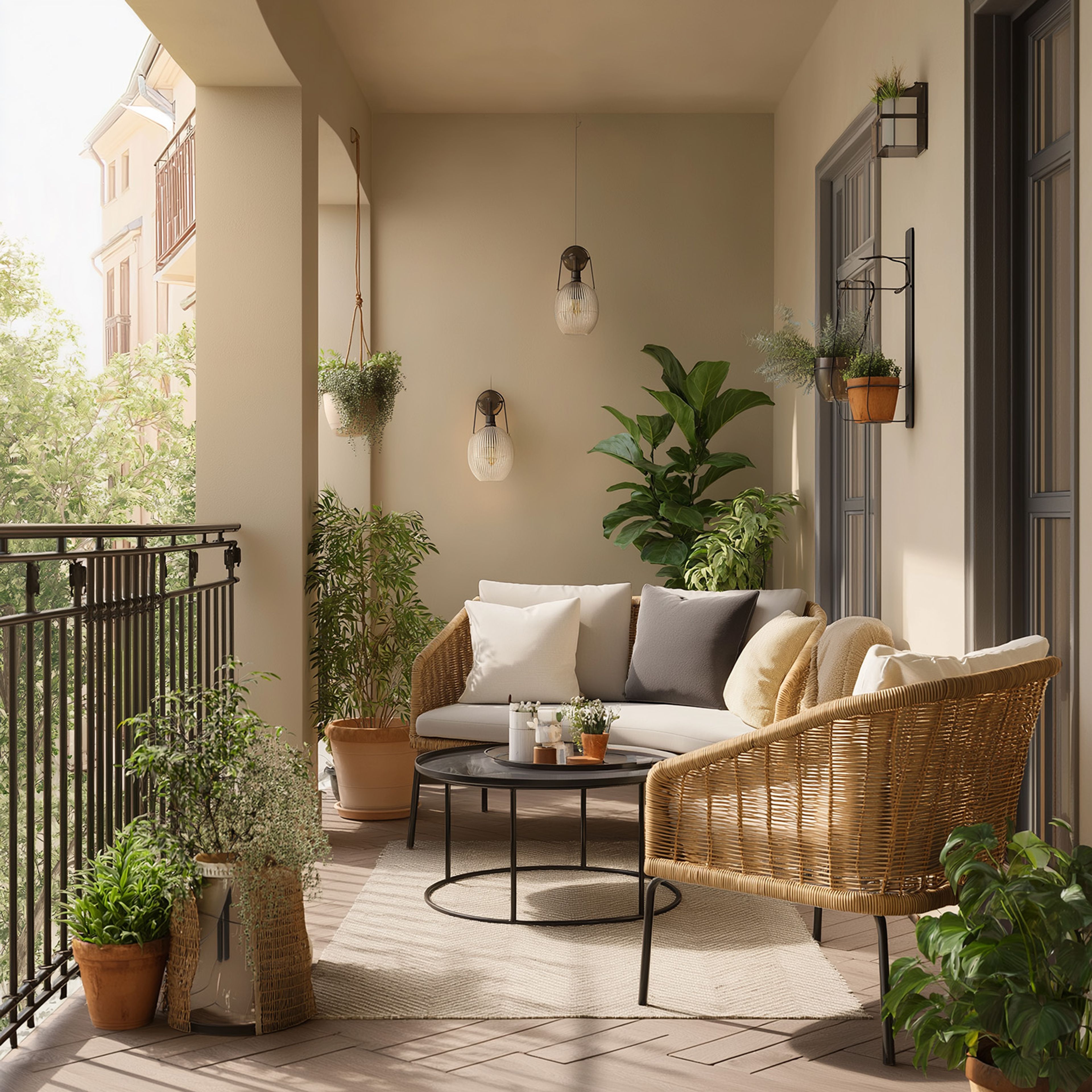 Modern Balcony Design with Rattan Seating and Metal Plant Rackets
