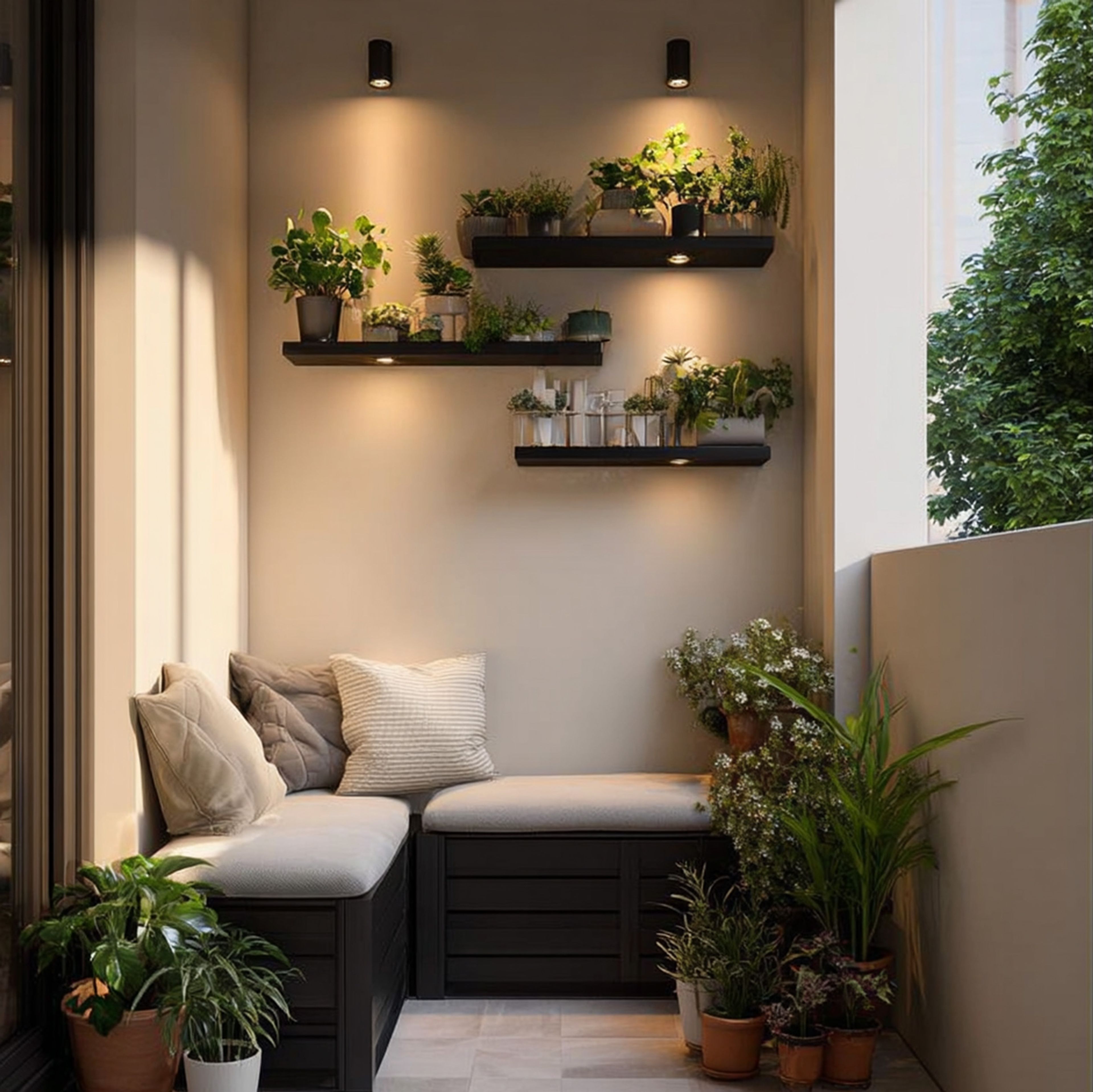 Vertical Garden Modern Balcony Design with L-Shaped Built-In Bench
