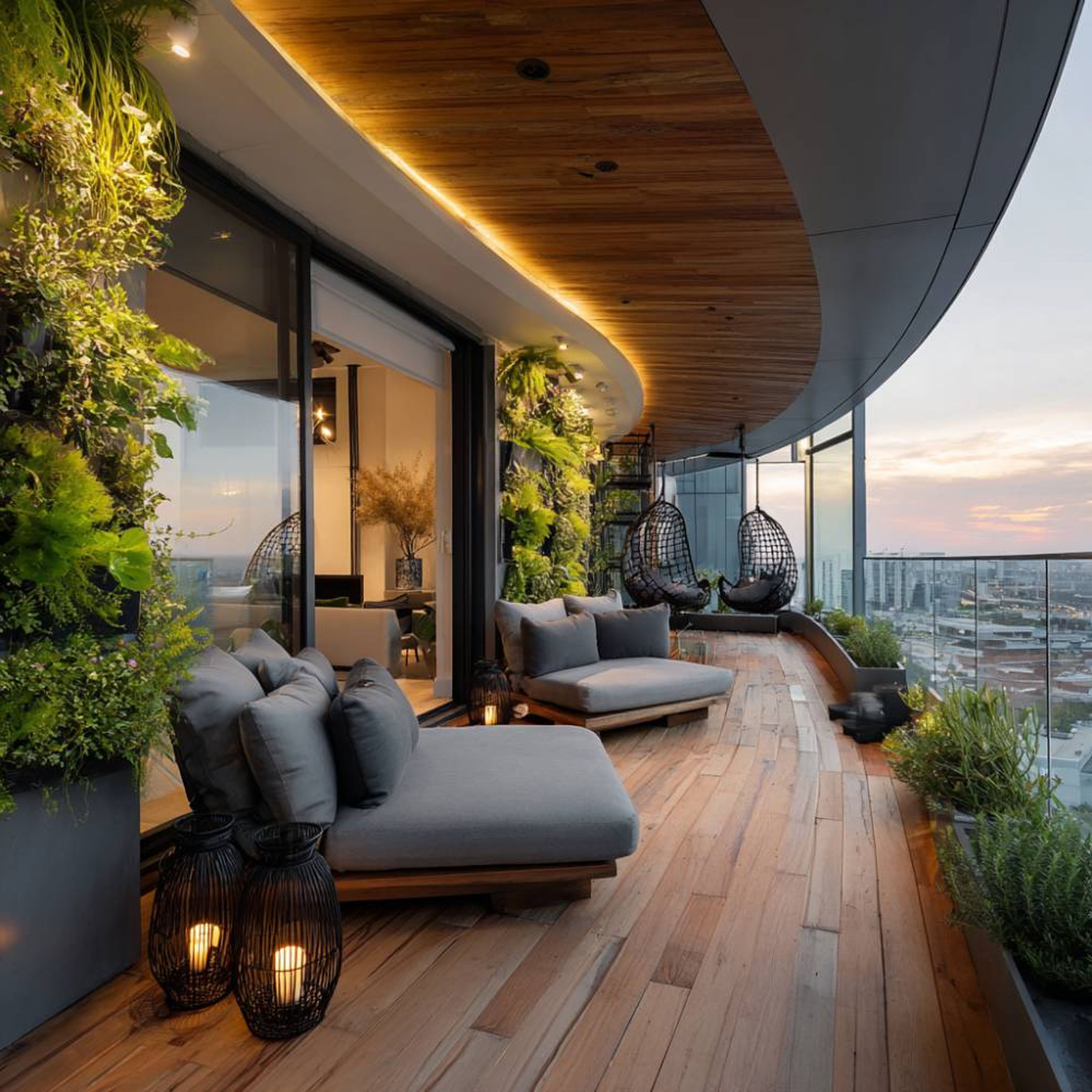 Modern Balcony Design with Curved Wooden Ceiling and Grey Cushioned Seating