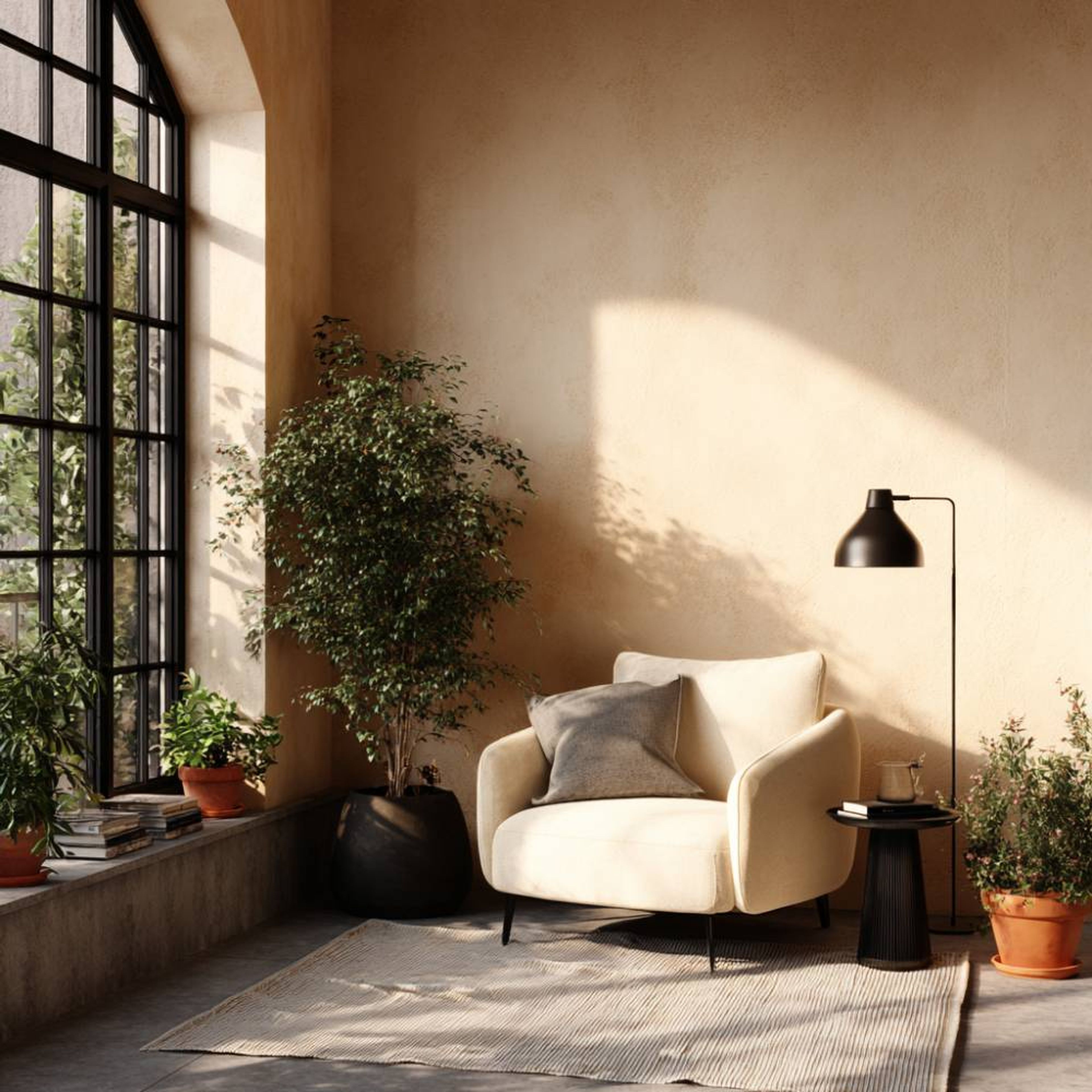 Modern Balcony Design with Sculptural Off-White Chair and Texture Paint Wall