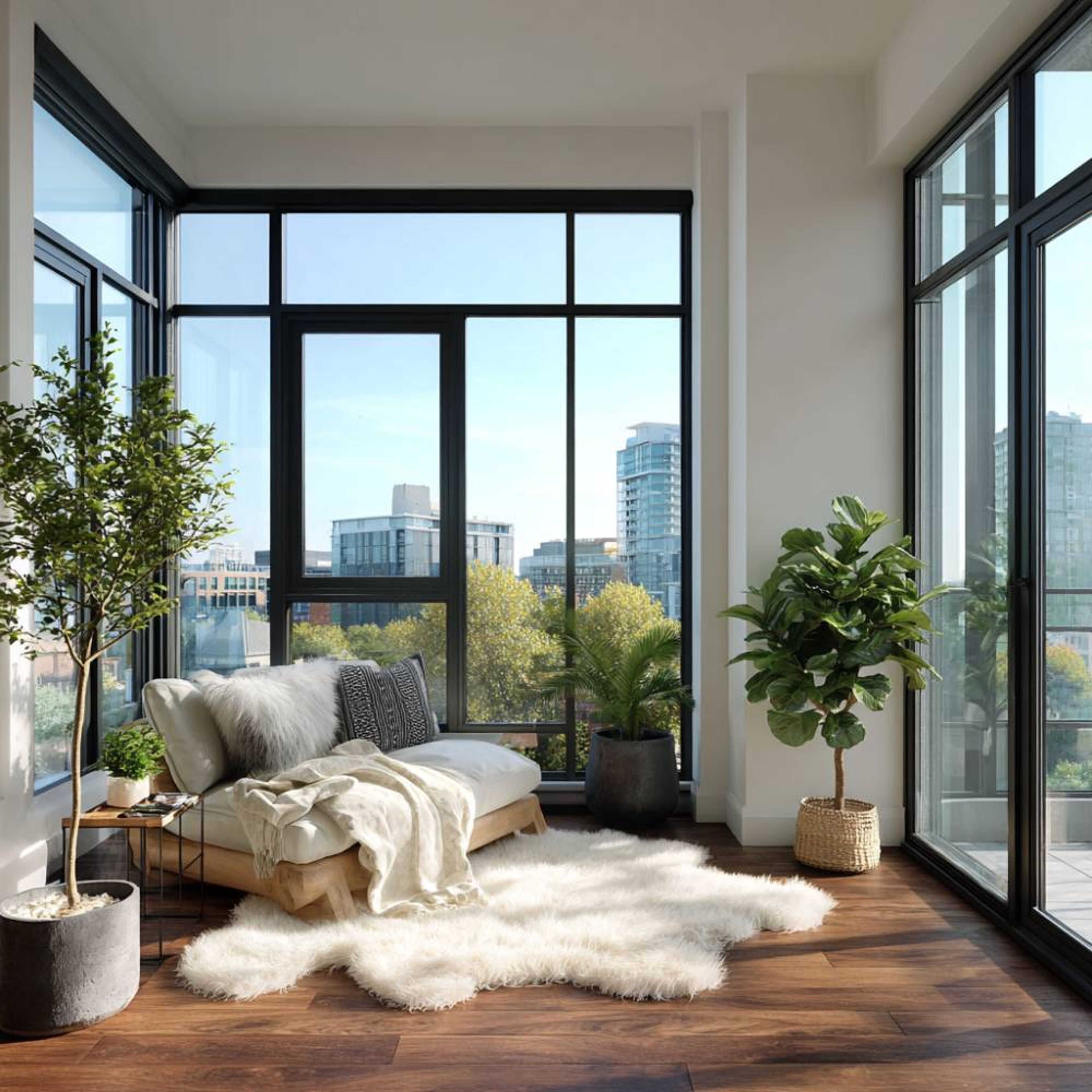 Scandinavian Balcony Design with Wall with Profile Glass Frames and Cozy Rug