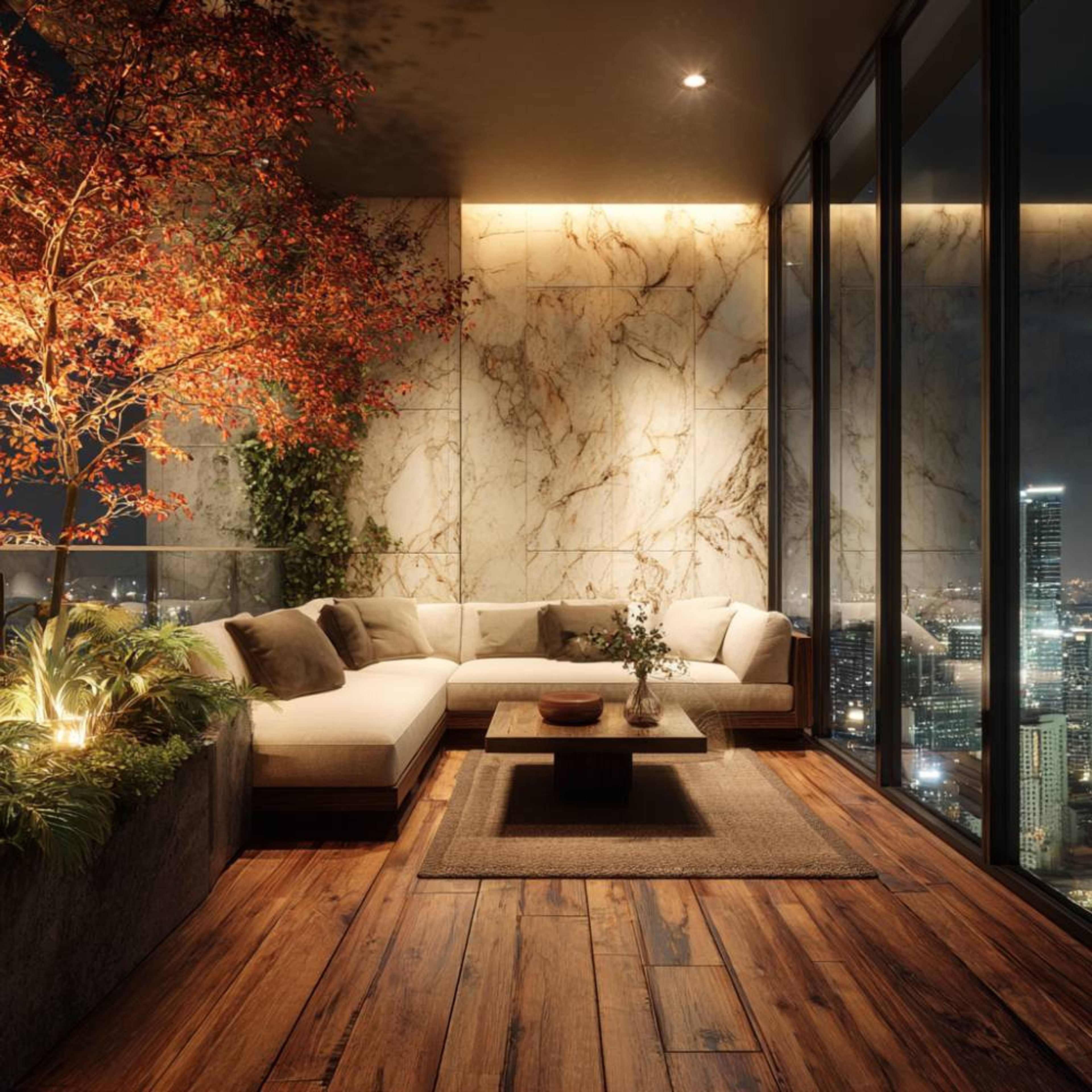 Contemporary Balcony Design with Marble Texture Wall and L Sofa
