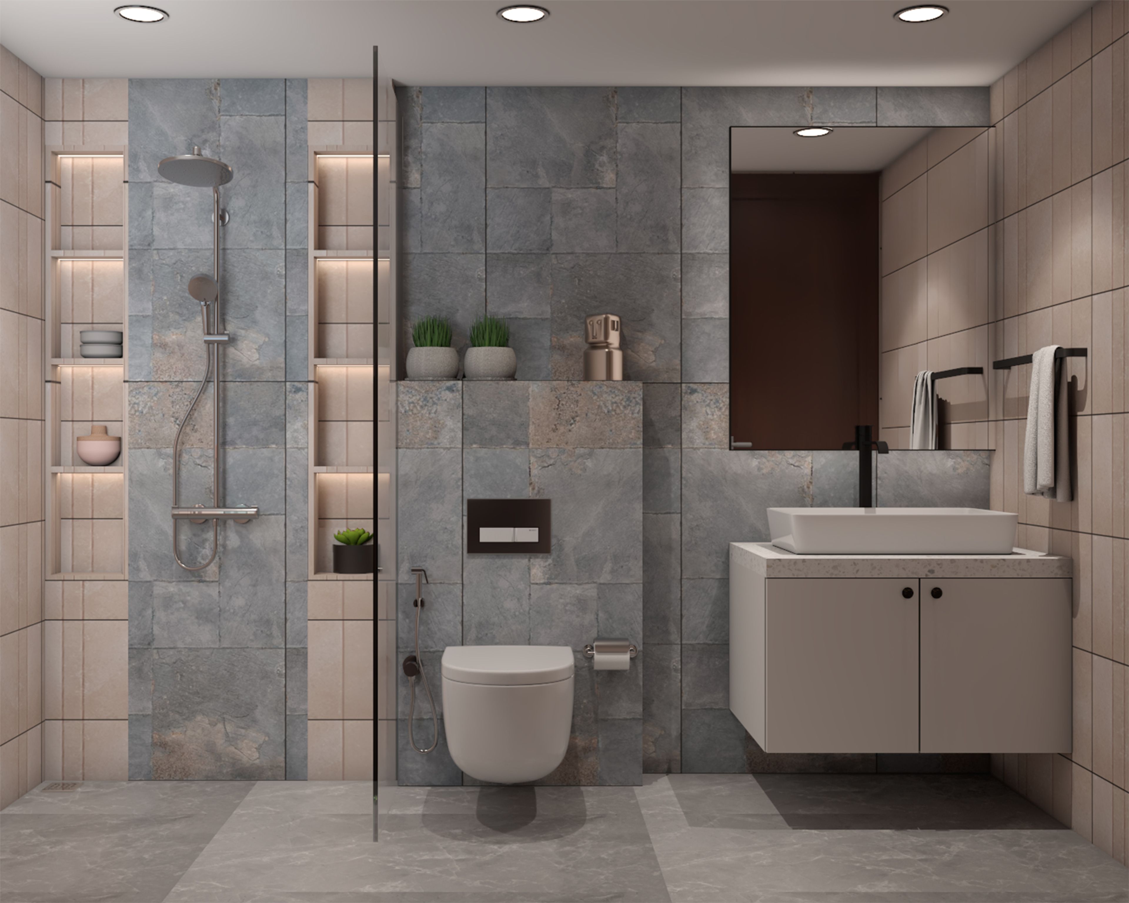 Contemporary Bathroom Design with Beige and Blue Tiles and Vanity with Cabinet Storage