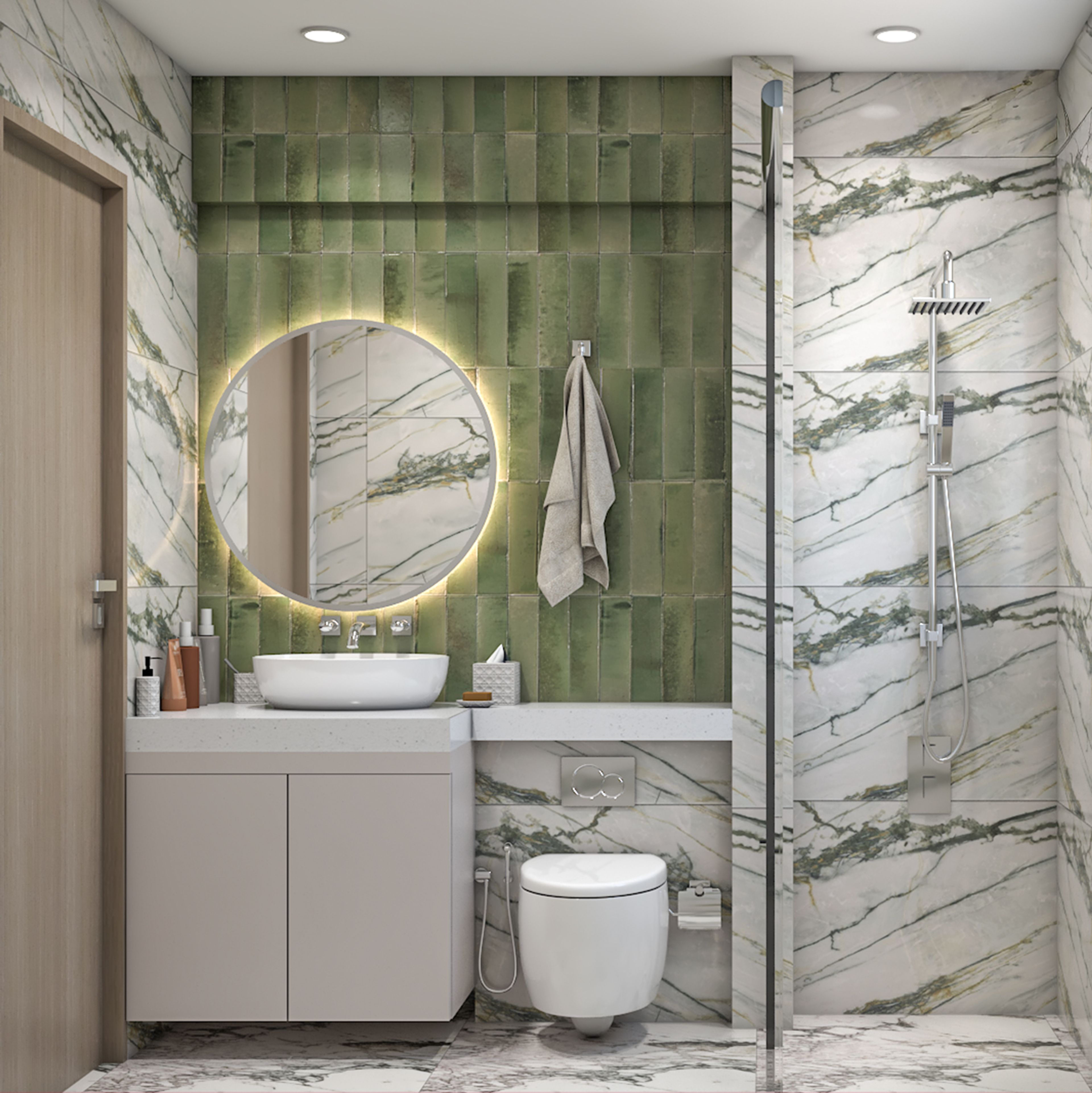 White and Green Marble Tiles Contemporary Bathroom Design with Round Mirror and Vanity with Cabinet Storage