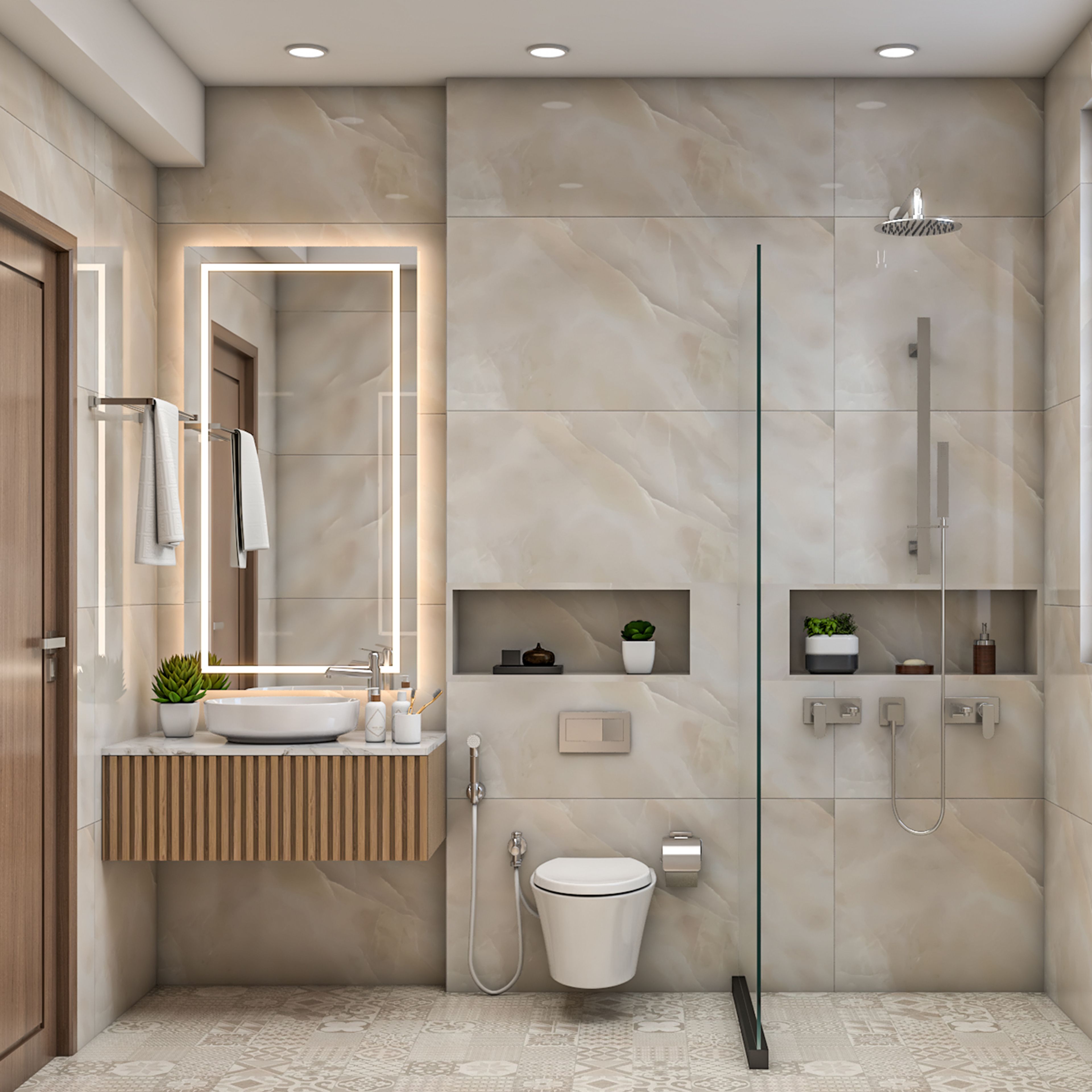 Modern Bathroom Design with Beige Marble Tiles and Fluted Vanity with Drawer