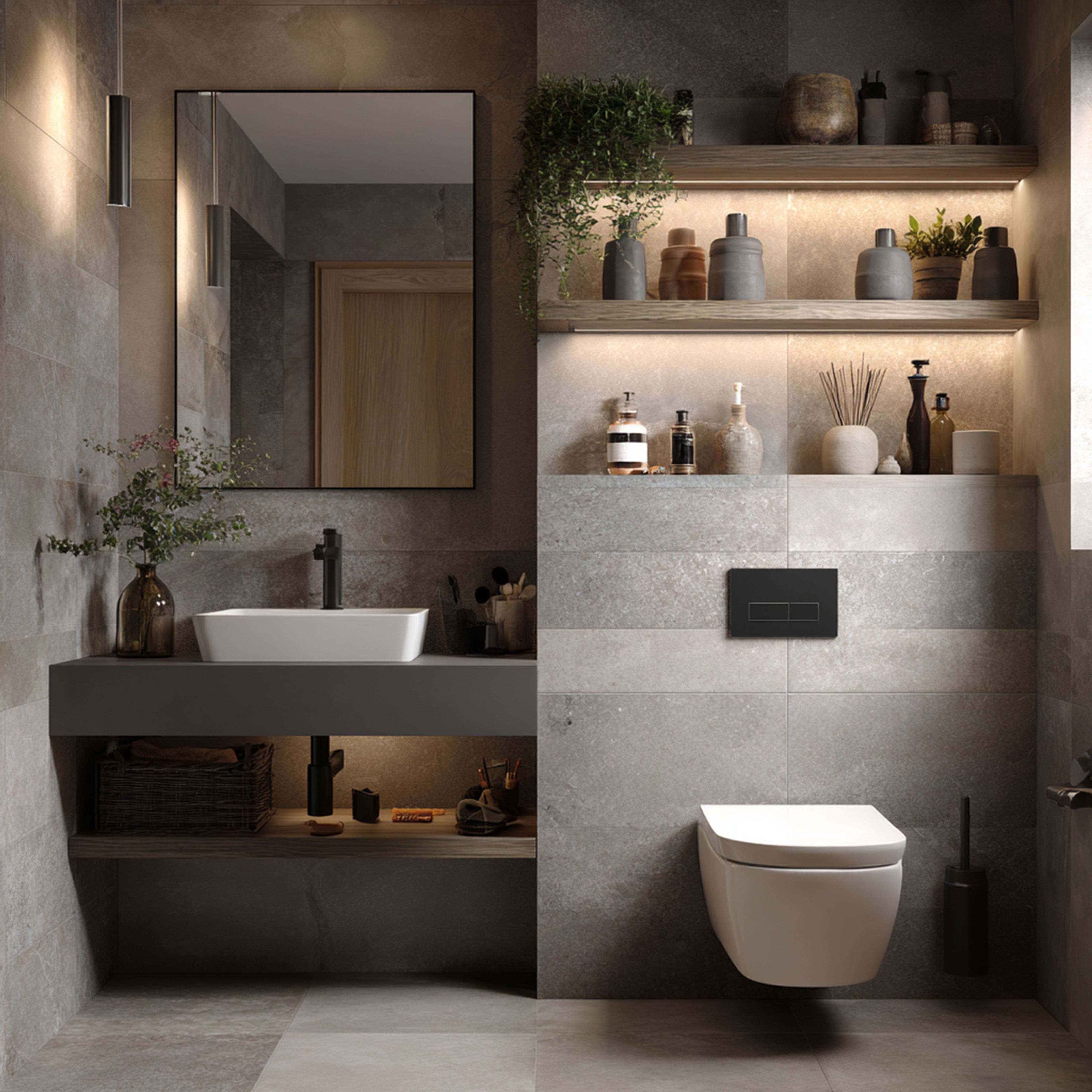 Industrial Bathroom Design with Grey Tiles and Black Matte Fixtures