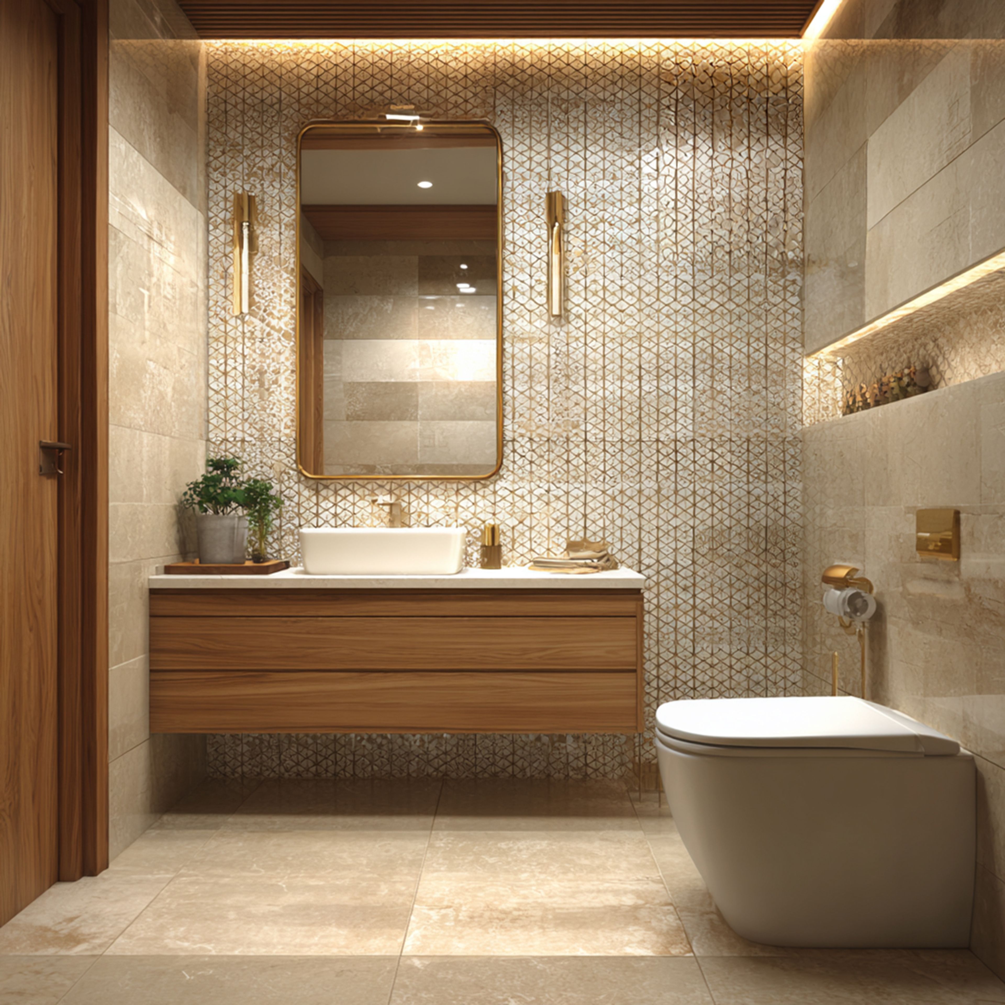 Beige Tiled Modern Bathroom Design with Quartz Countertop and Floating Wooden Vanity