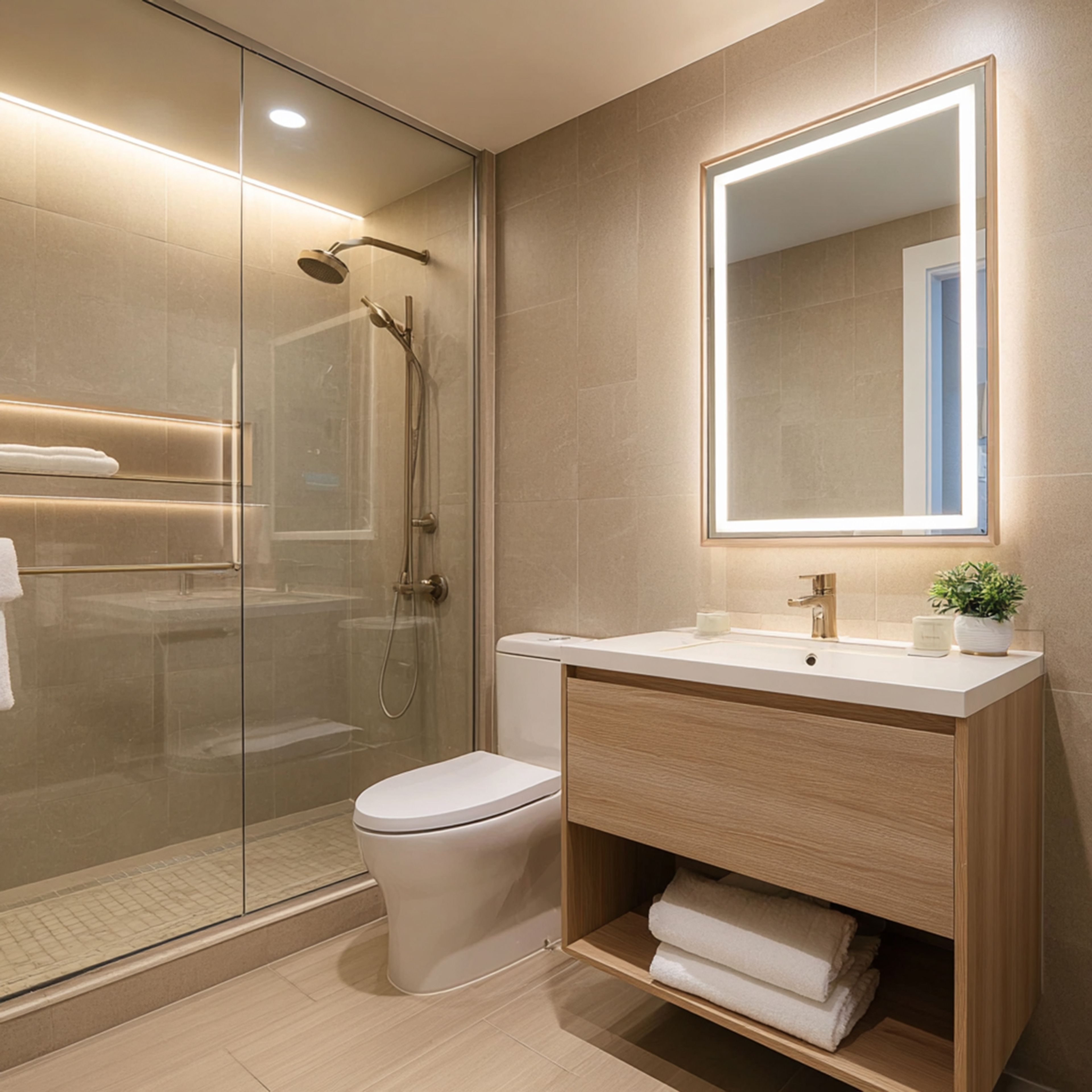 Contemporary Bathroom Design Featuring Beige Tiles, Floating Vanity and Glass Shower