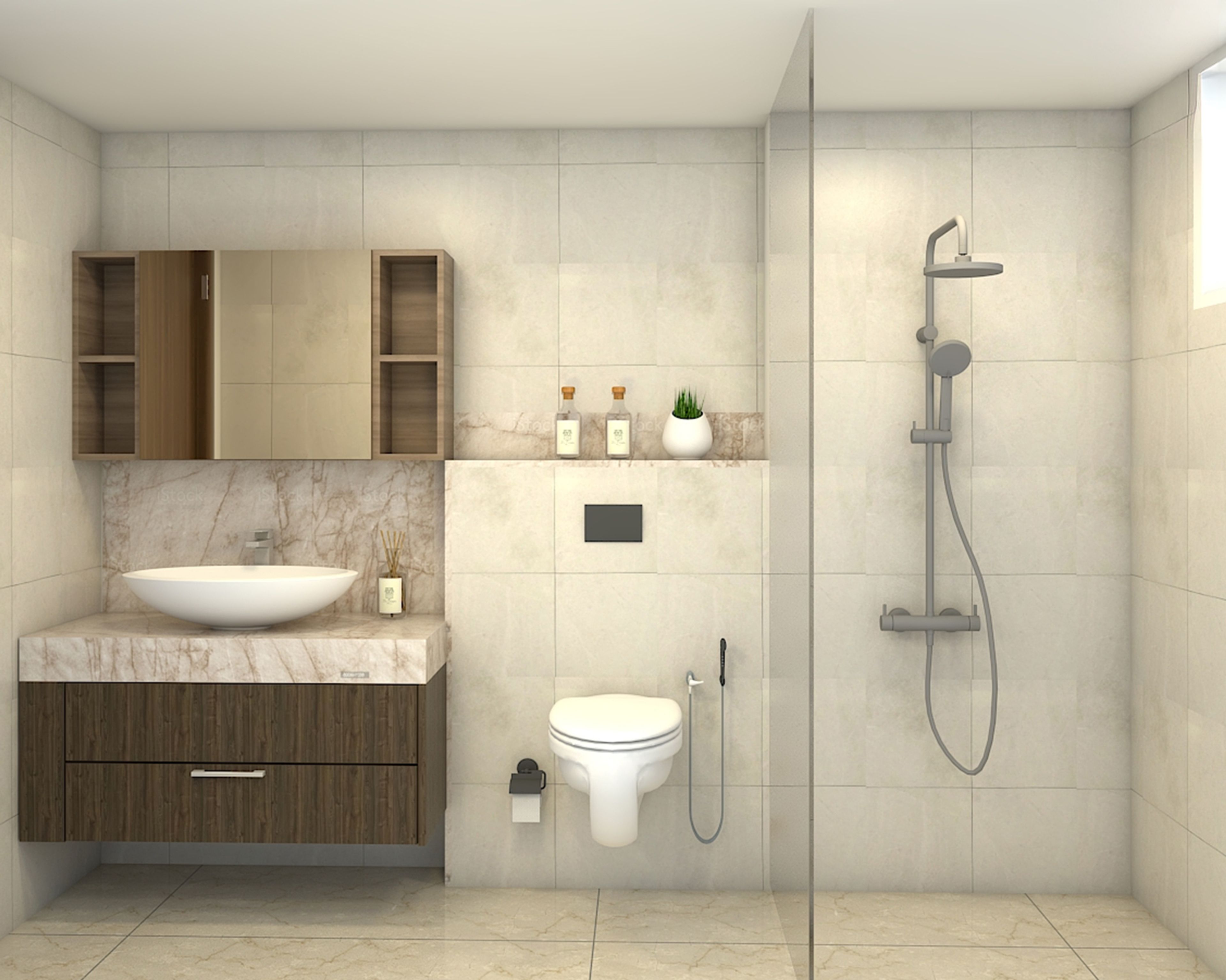 Bathroom Design with Light Cream Tiles and Floating Vanity
