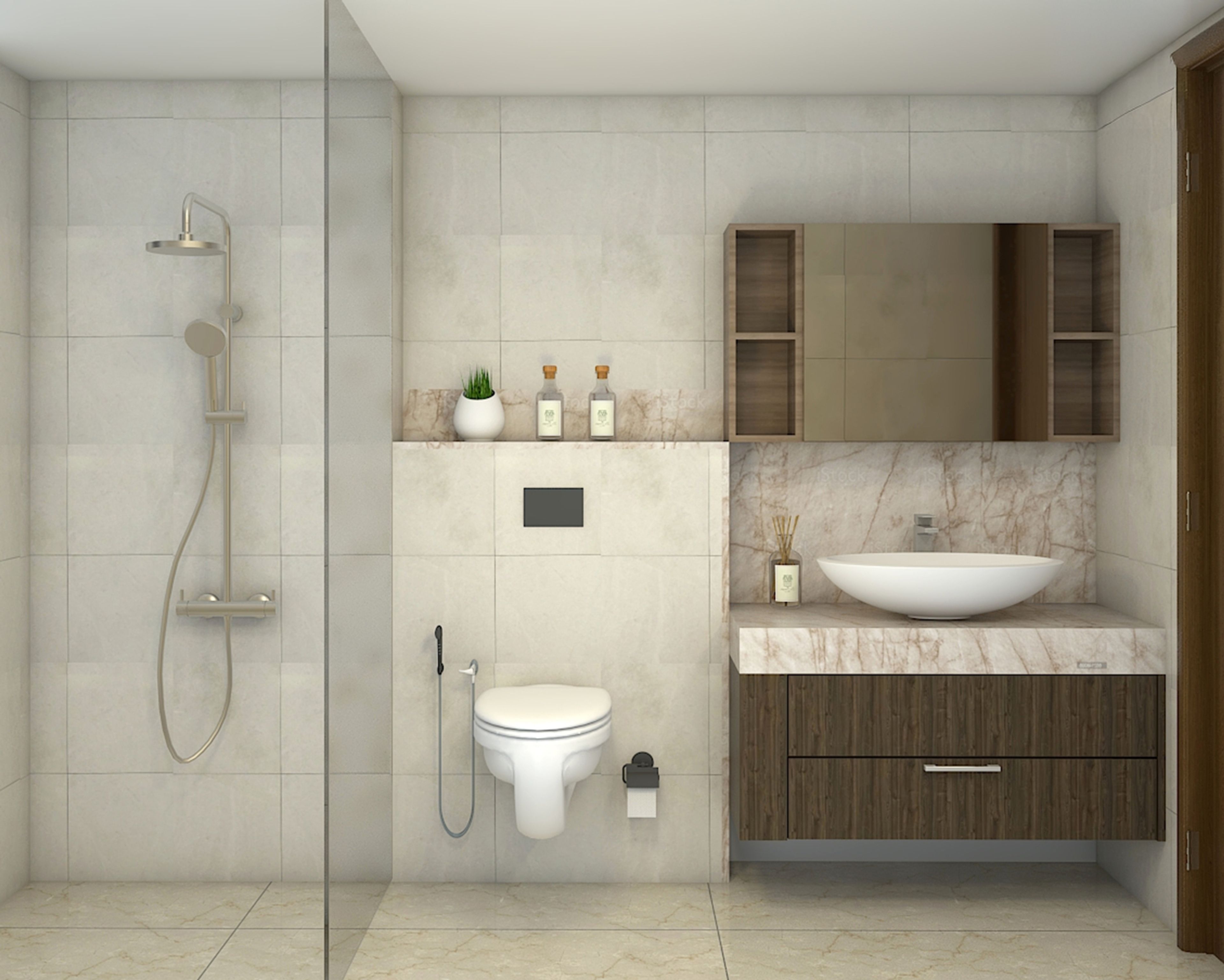 Bathroom Design with Cream Tiles, Glass Shower and Marble Countertop Finish