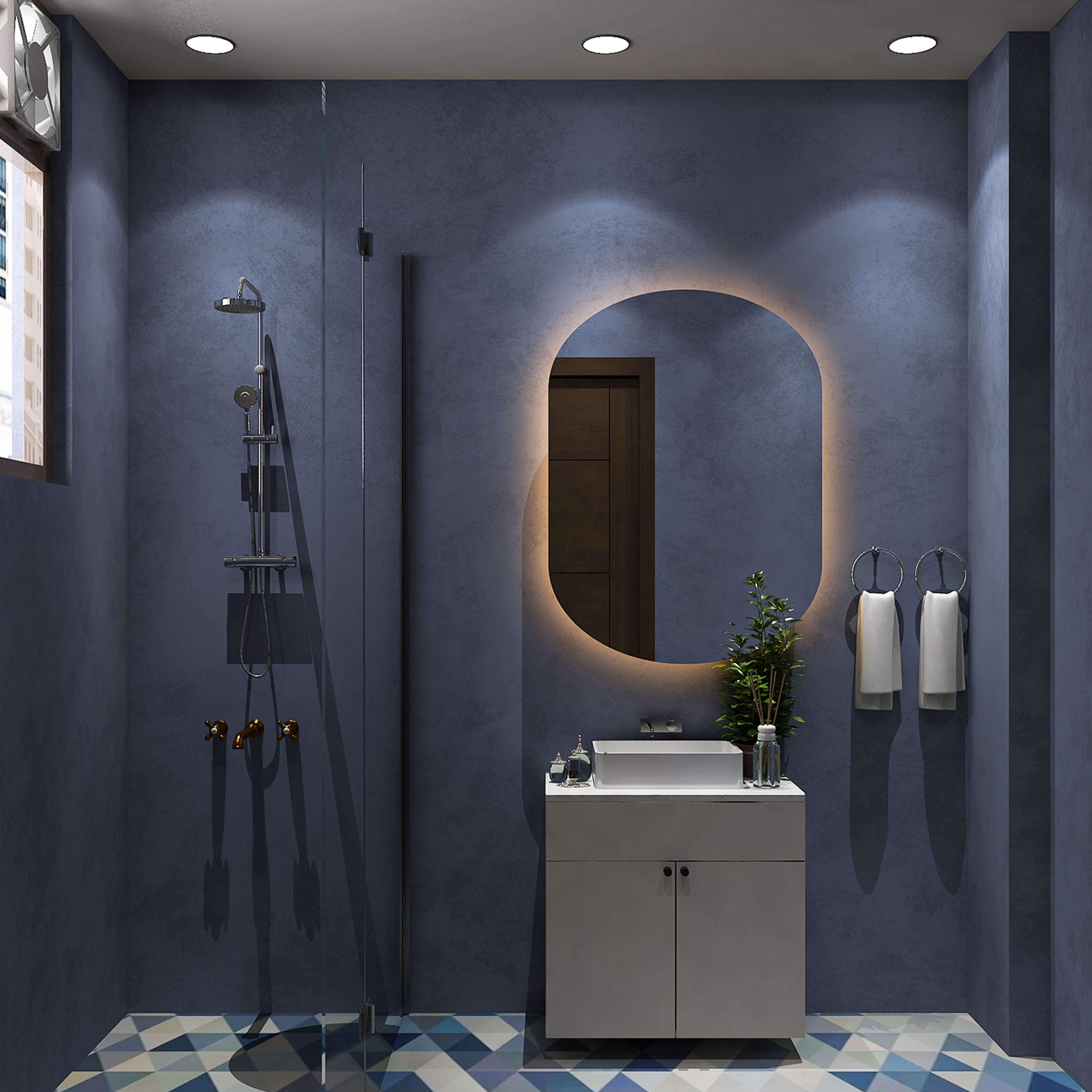 Bathroom Design with Oval Mirror and Textured Blue Walls
