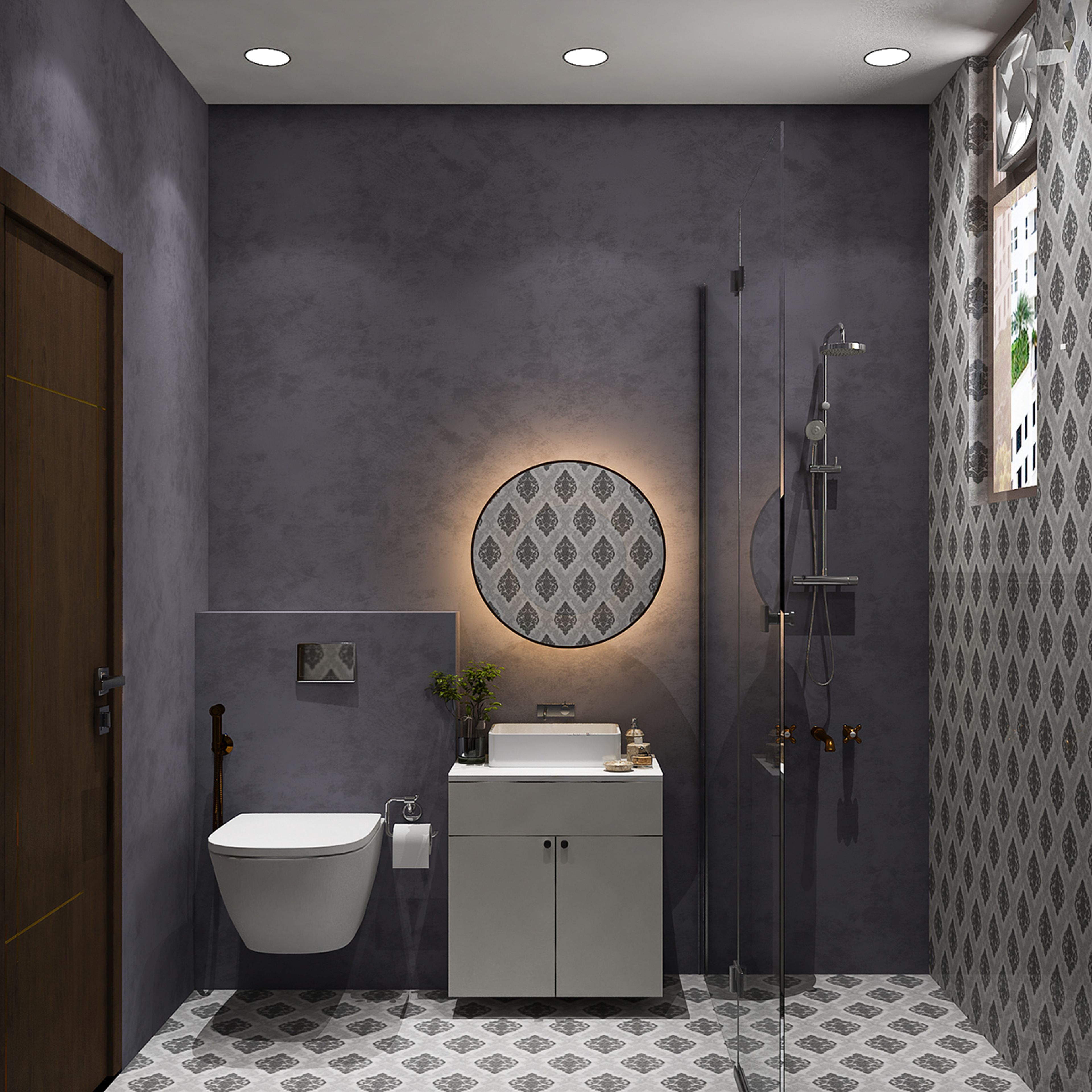 Bathroom Design with Patterned Tile Backsplash and Round Mirror