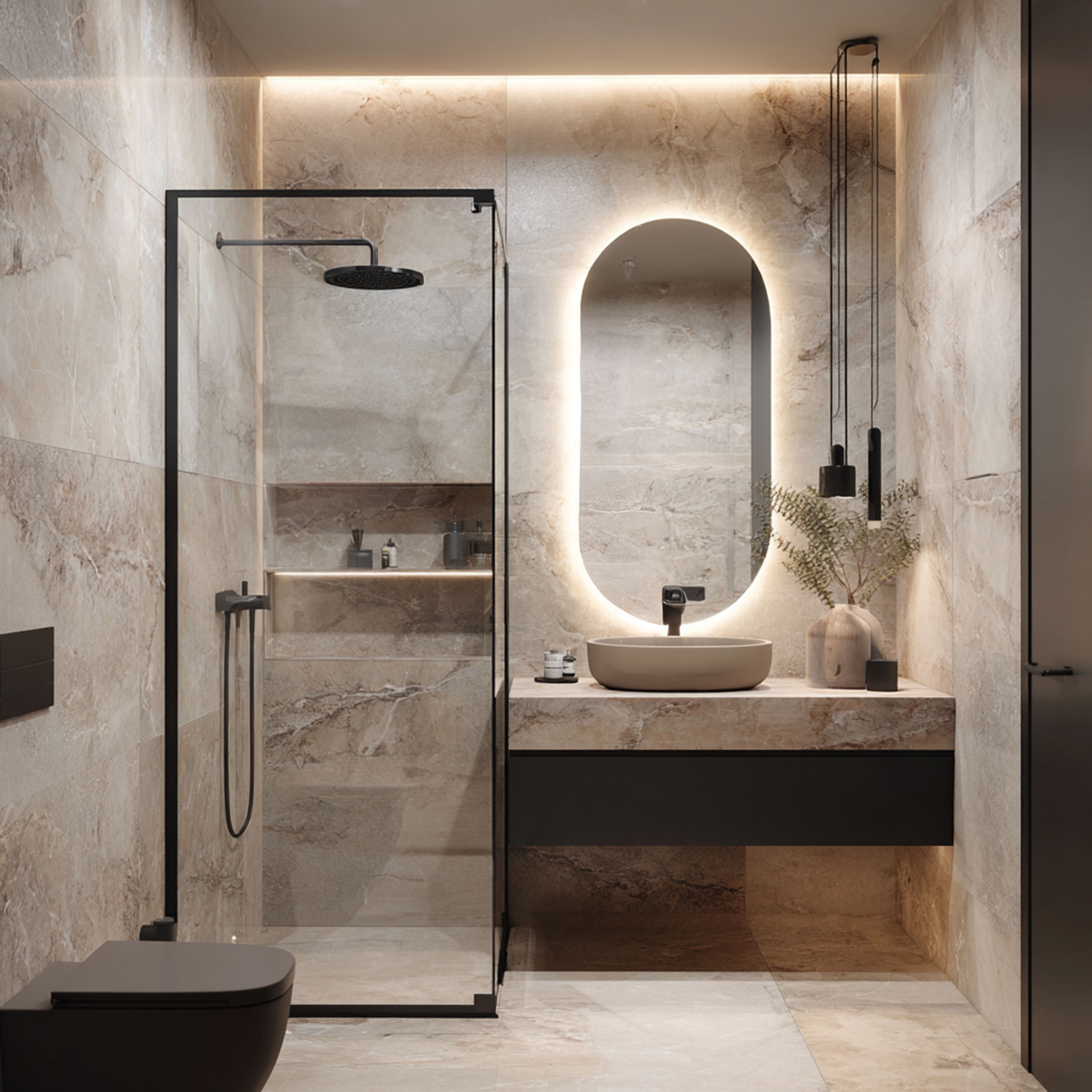 Contemporary Bathroom Design with Floating Vanity and Beige Marble Tiles