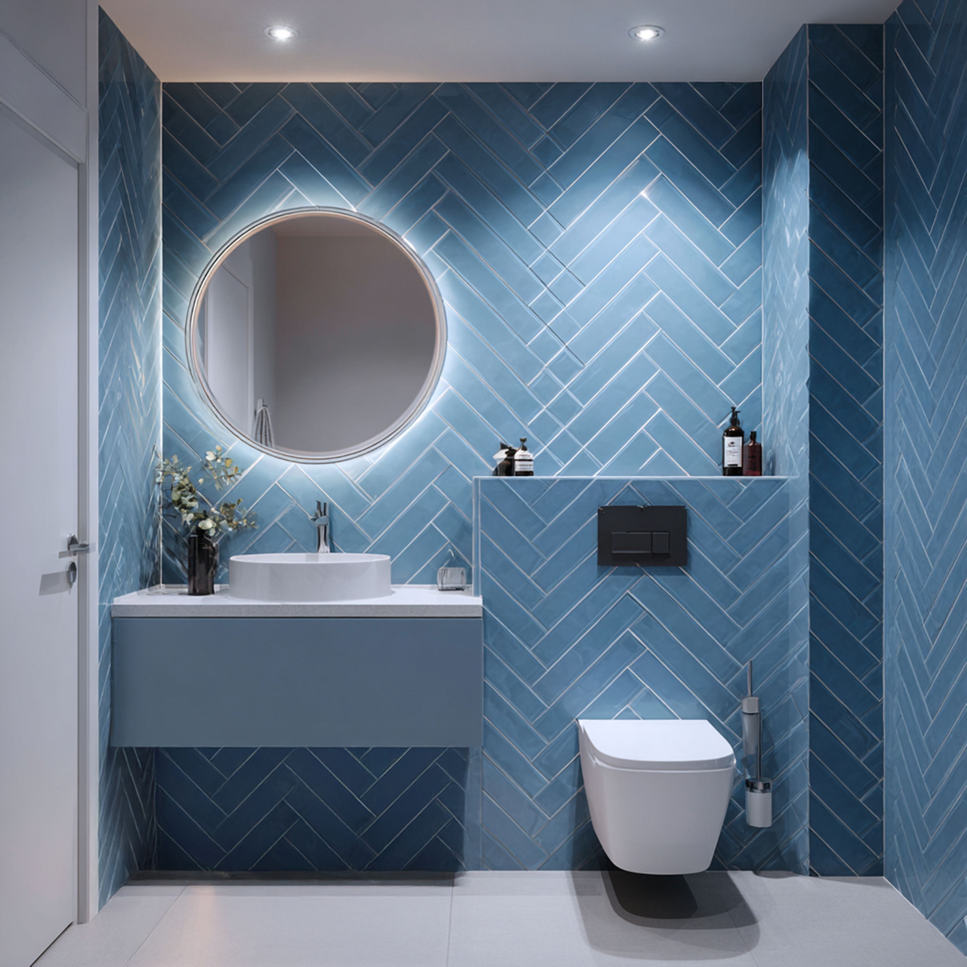 Coastal Bathroom Design with Soft Blue Tiles and Floating Vanity