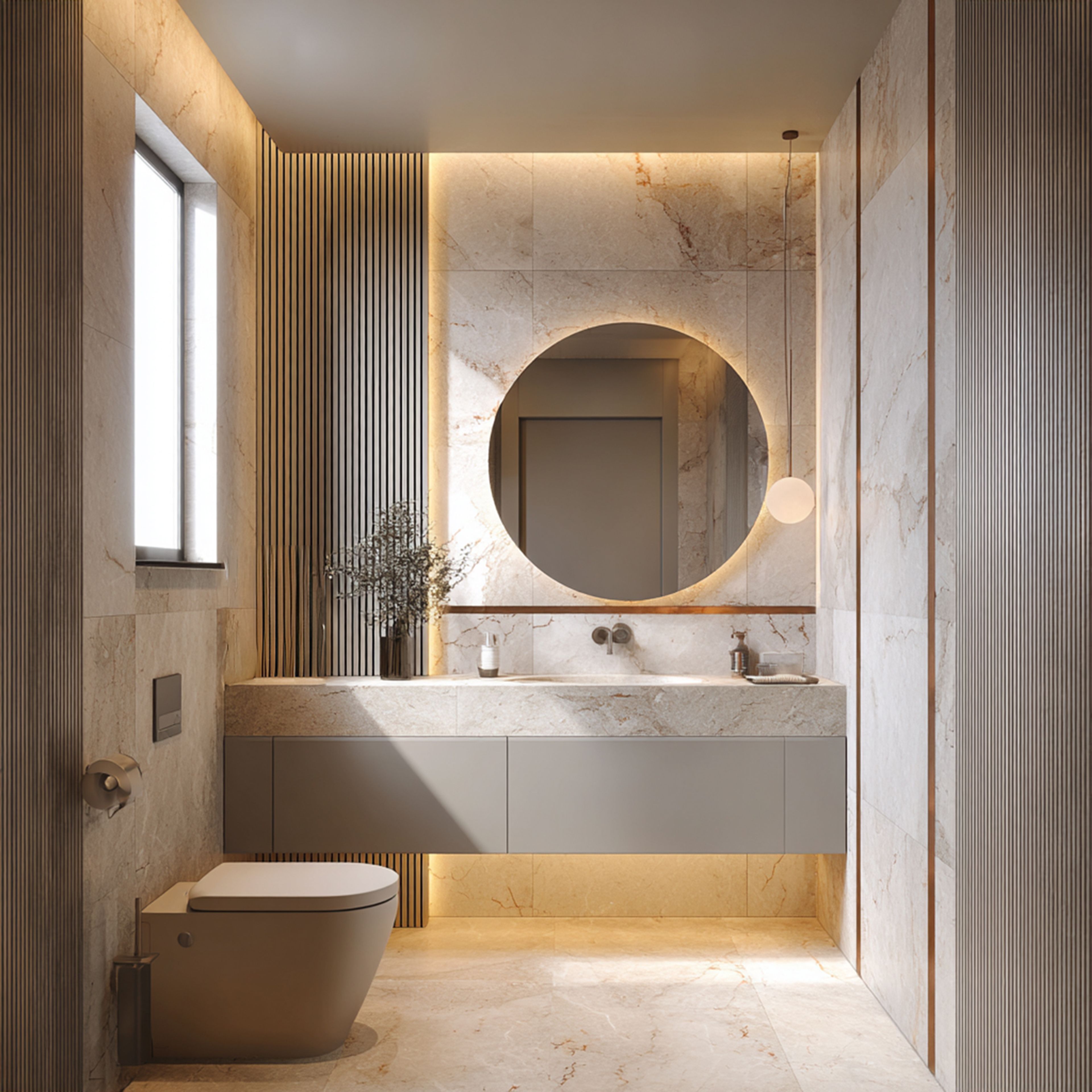 Contemporary Bathroom Design with Marble Counter and Concealed Drawers