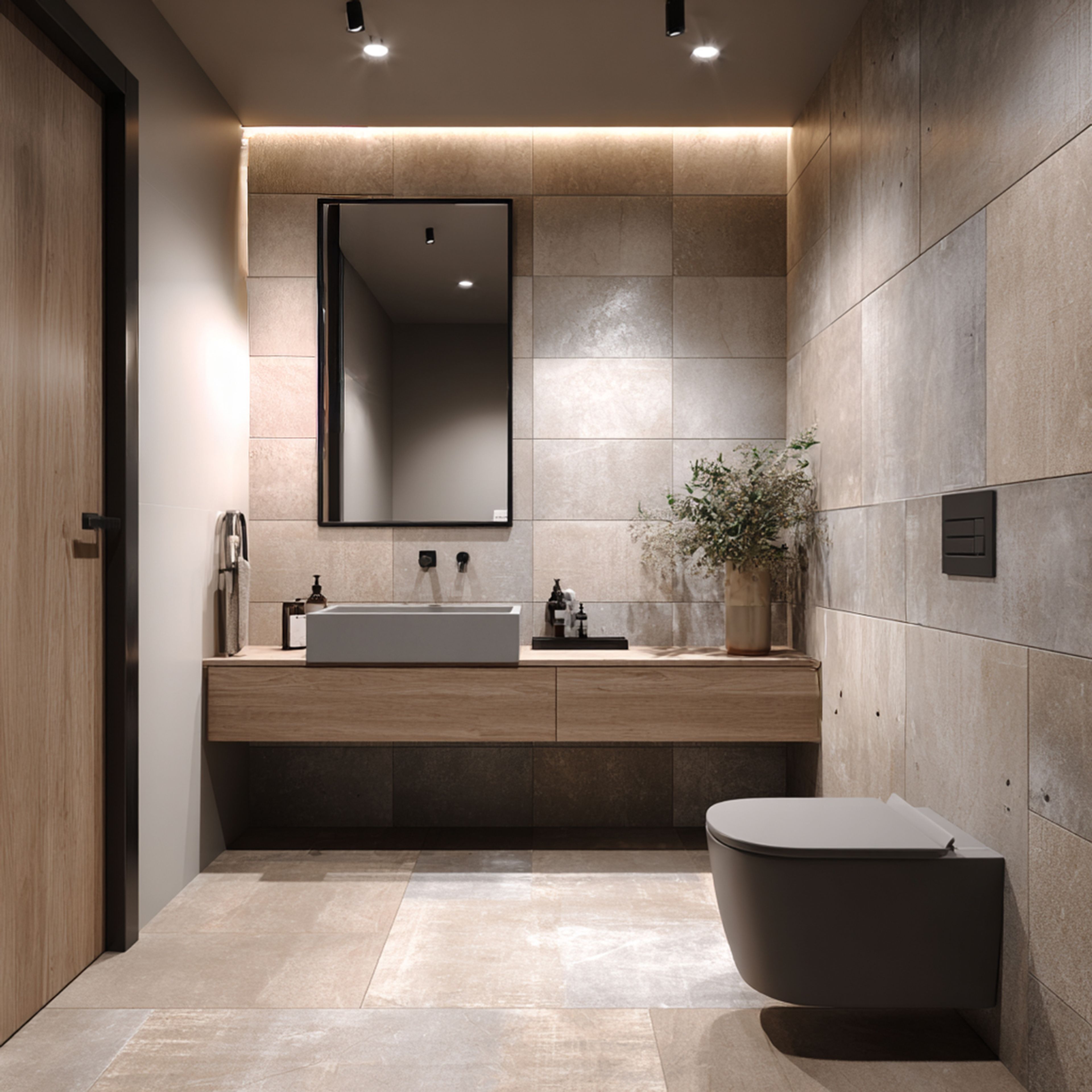 Contemporary Bathroom Design with Sand Stone Tiles and Concealed Storage