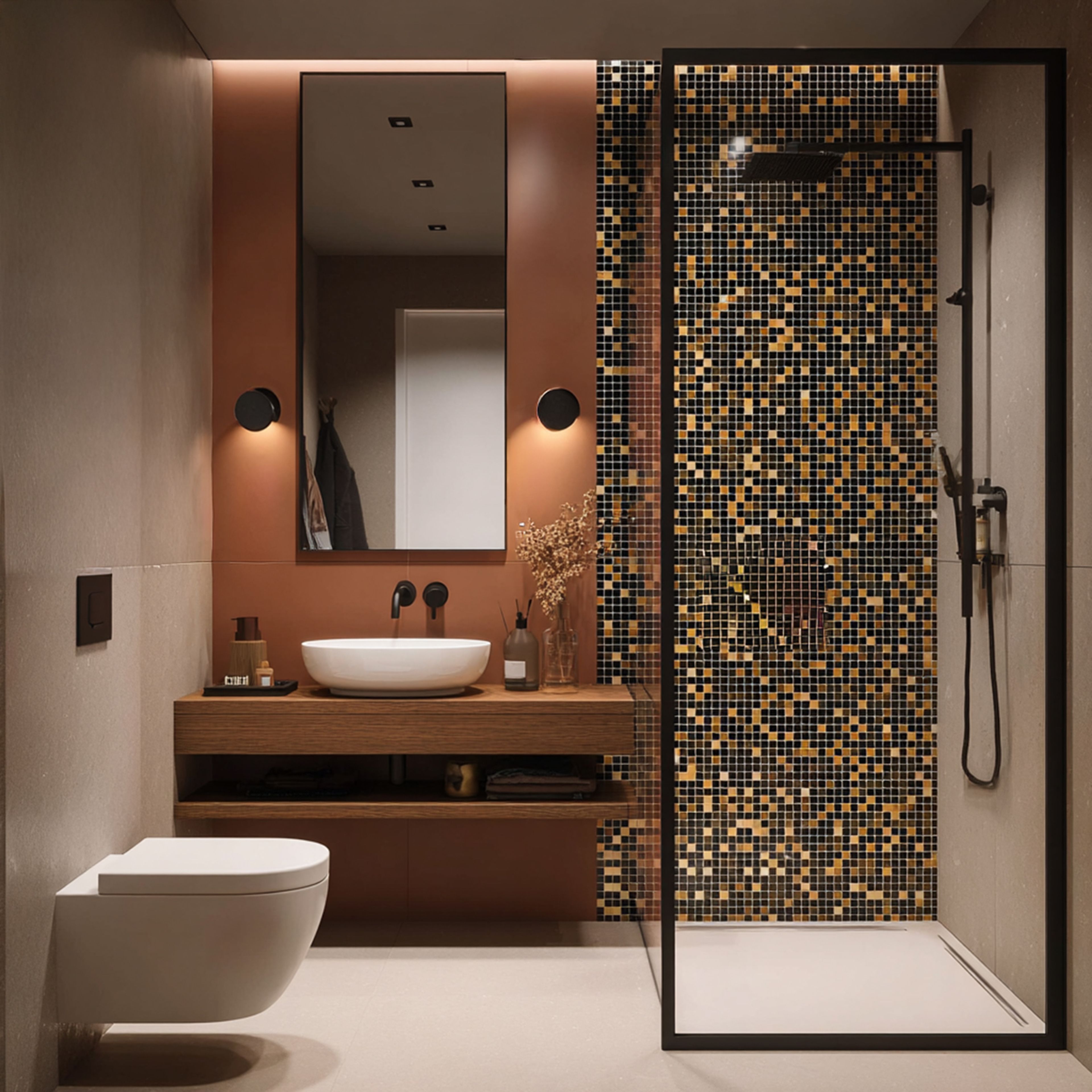 Industrial Bathroom Design with Terracotta Tiles and Floating Vanity