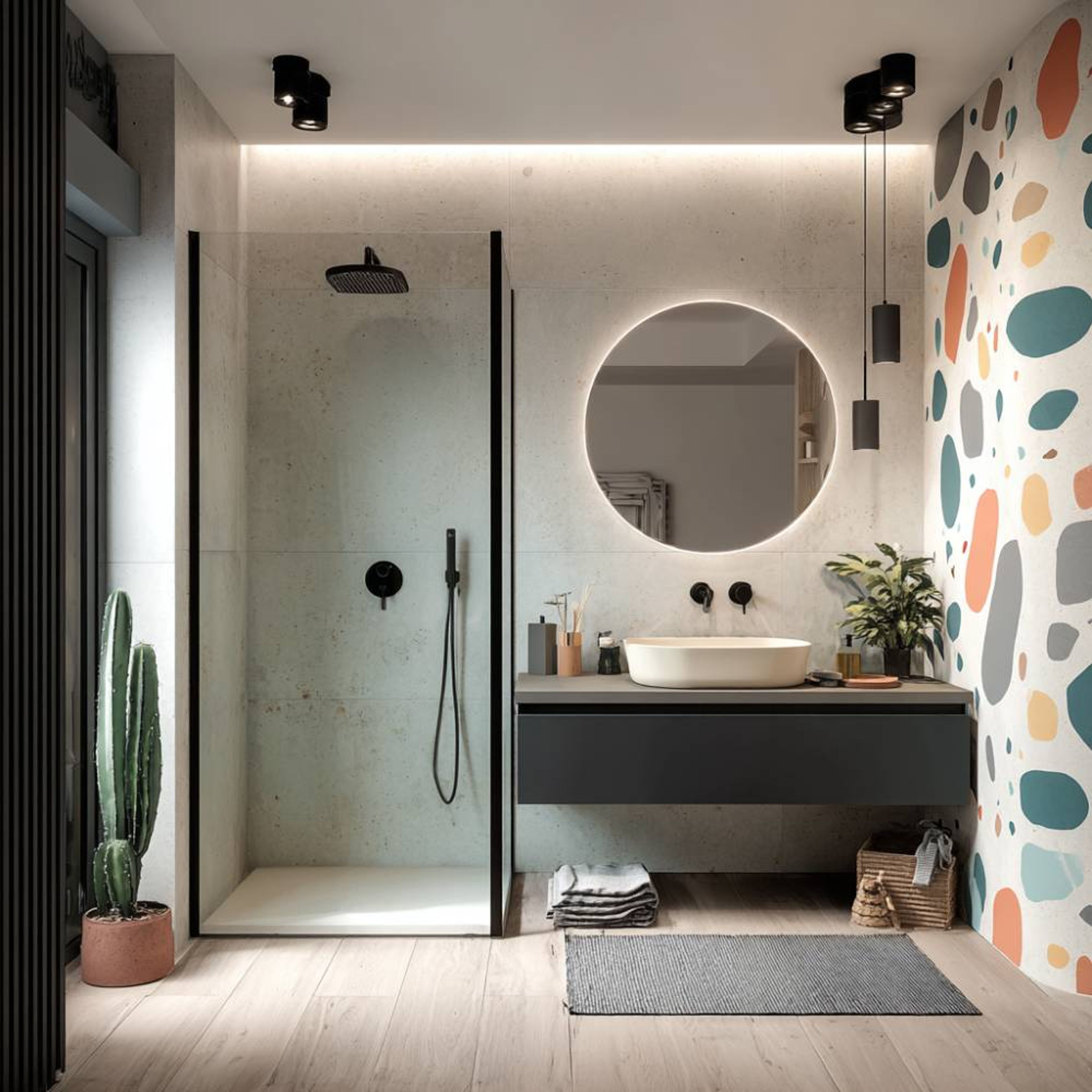 Modern Bathroom Design With Multicolor Tiles and Floating Drawer Vanity