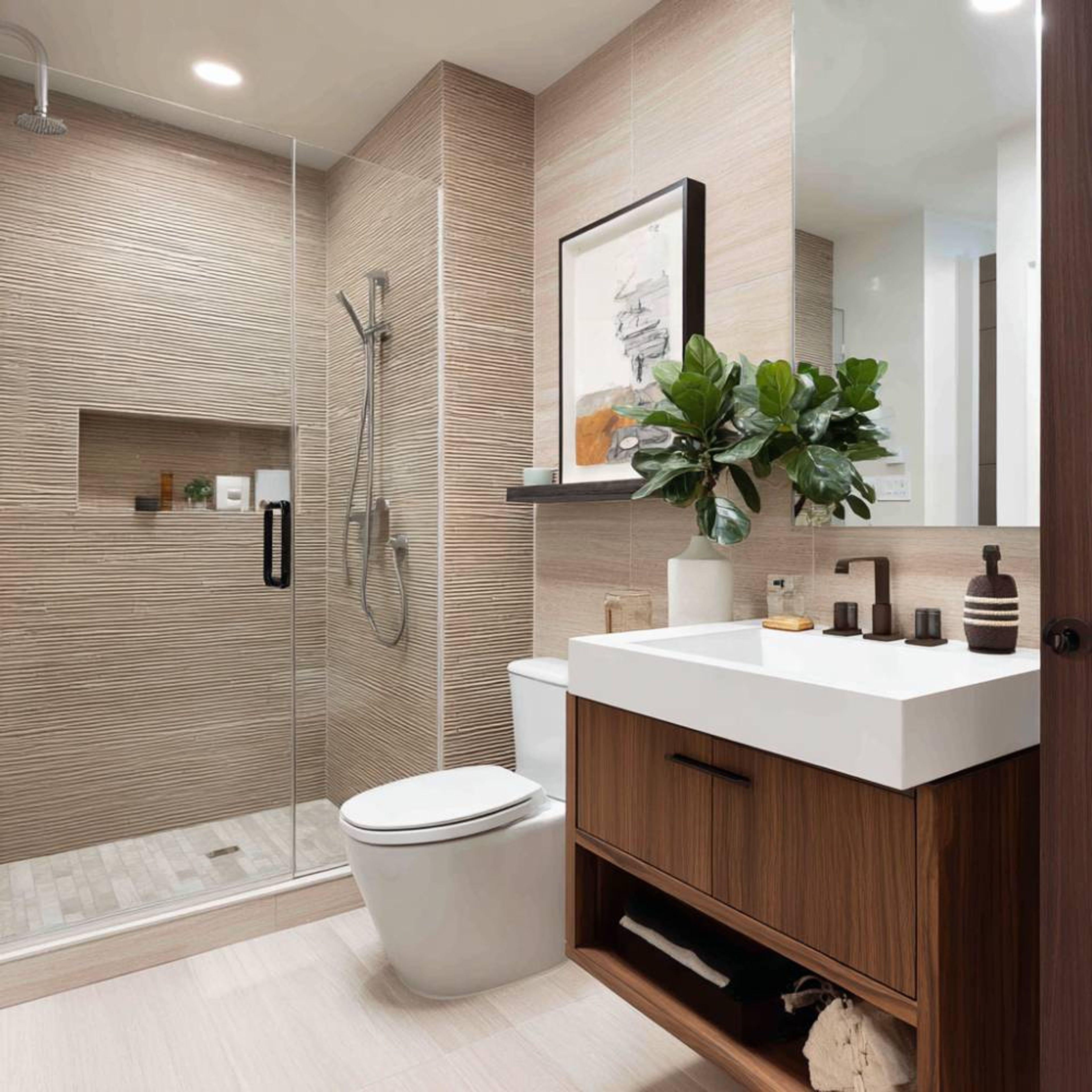 Contemporary Bathroom Design With Beige Tiles and Floating Vanity
