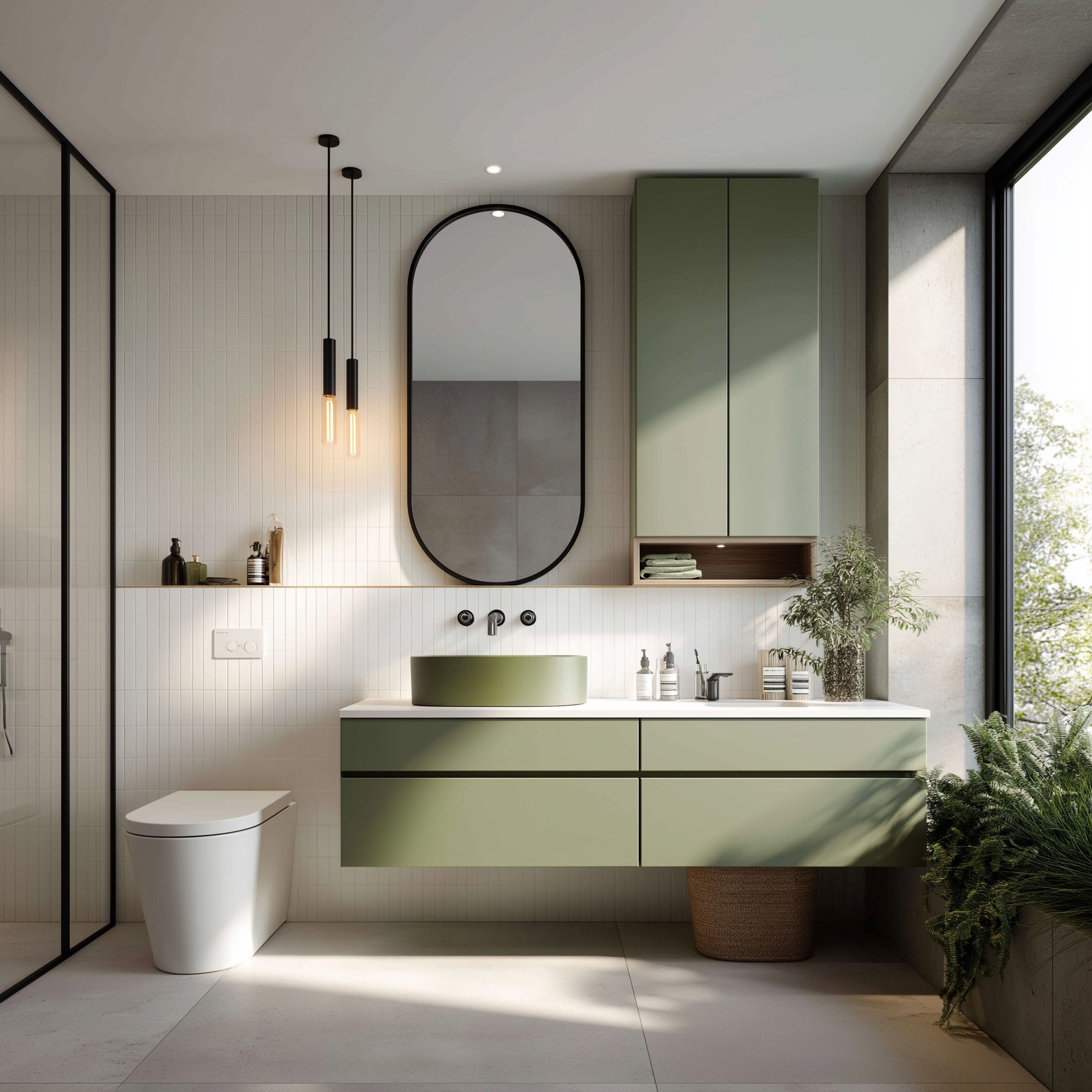 Bathroom Design Featuring Off-White Tiles, Oval Mirror and Floating Vanity