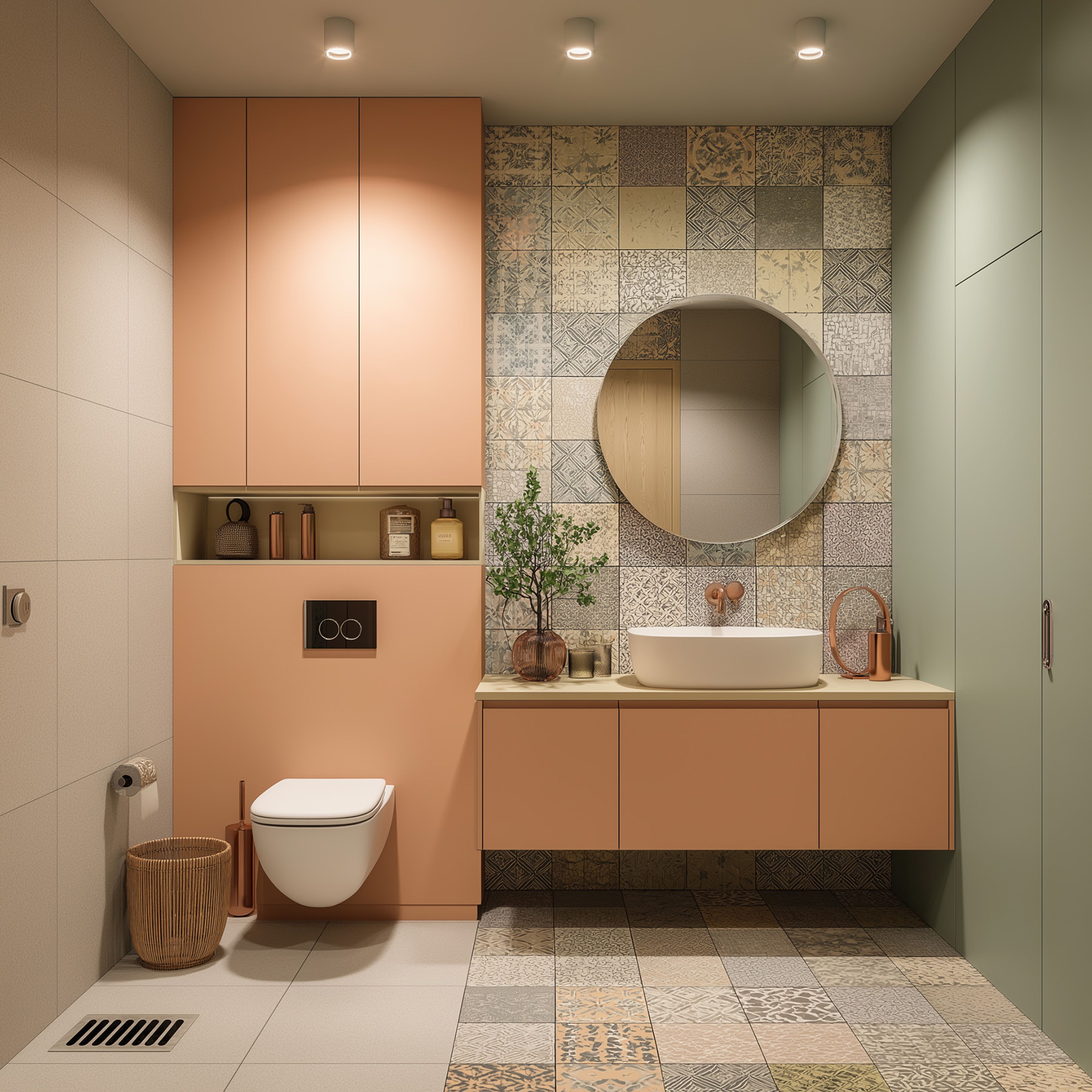 Bathroom Design with Warm Beige Tiles and Round Mirror