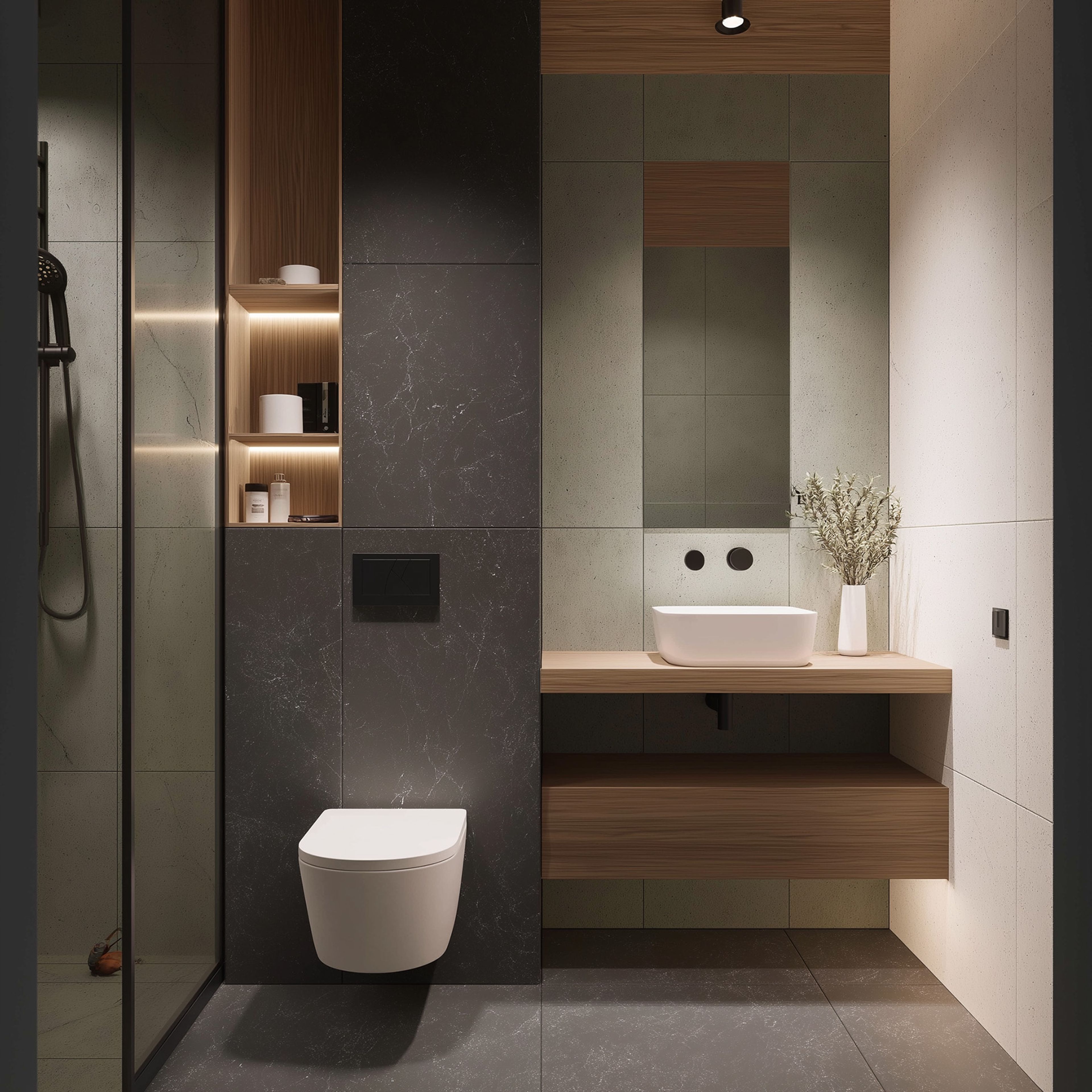 Bathroom Design with Dark Slate Tiles and Floating Vanity Shelf
