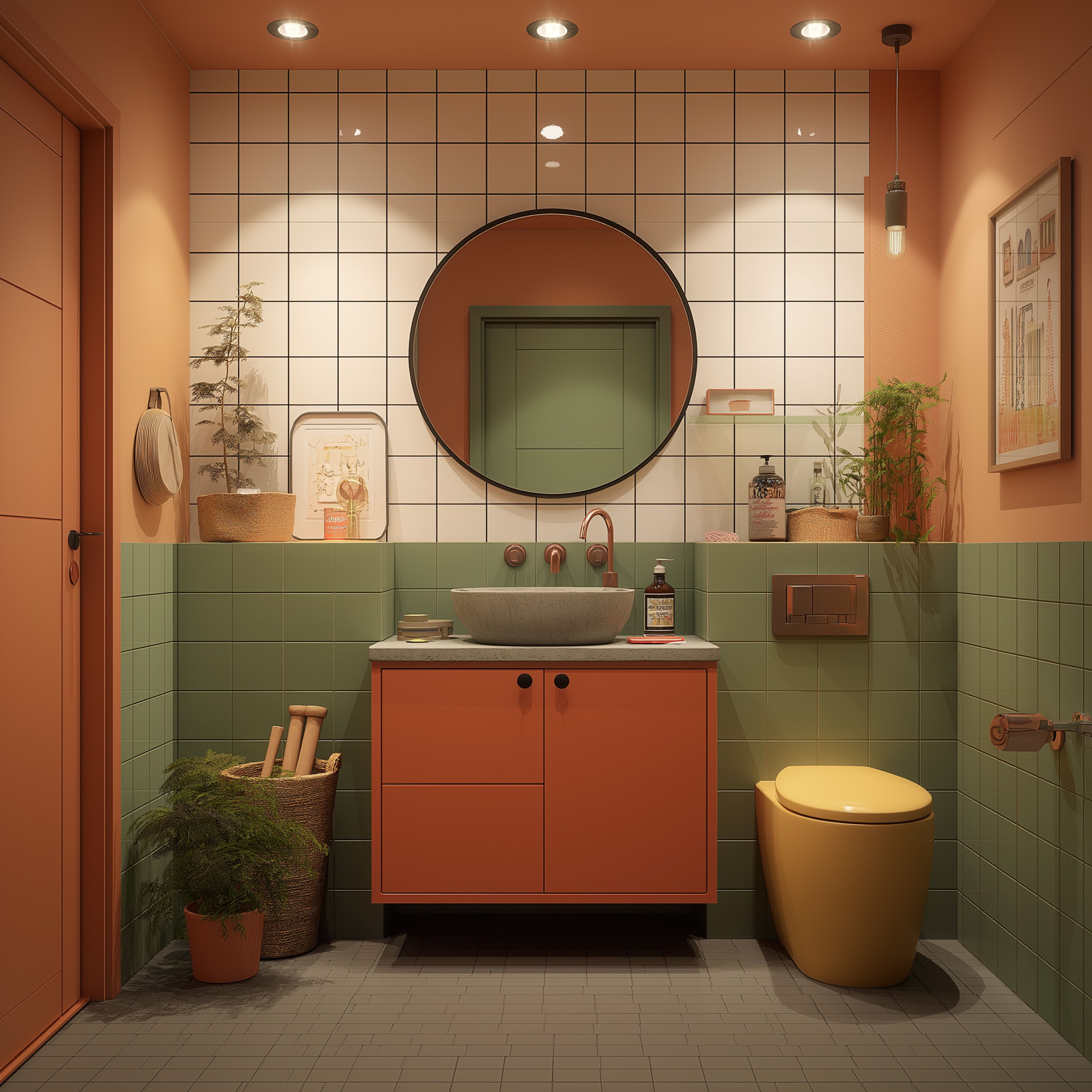 Bathroom Design with Green, Orange and Off-White Tiles and Floating Vanity