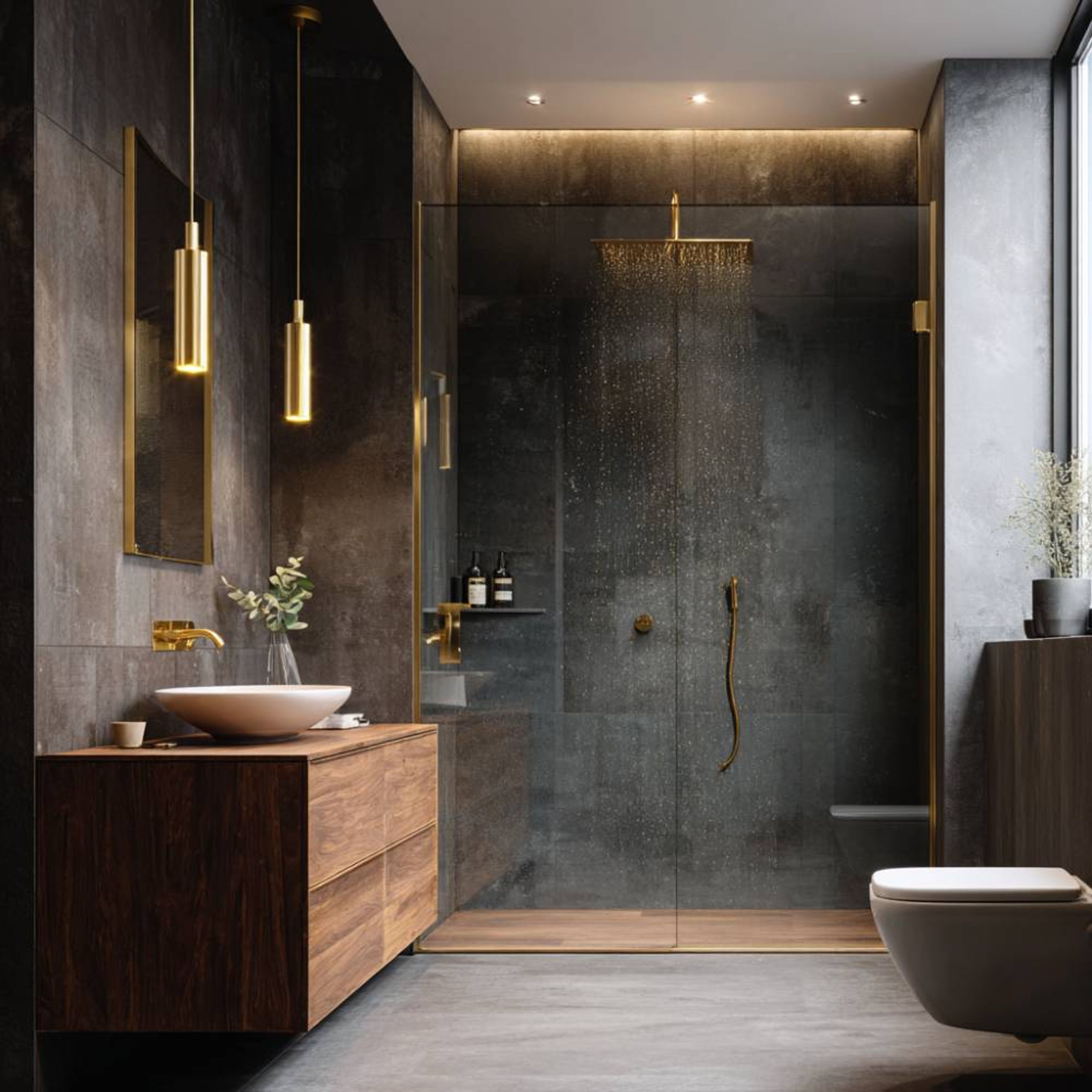 Contemporary Bathroom Design with Gold Fixtures and Slate Grey Wall Tiles