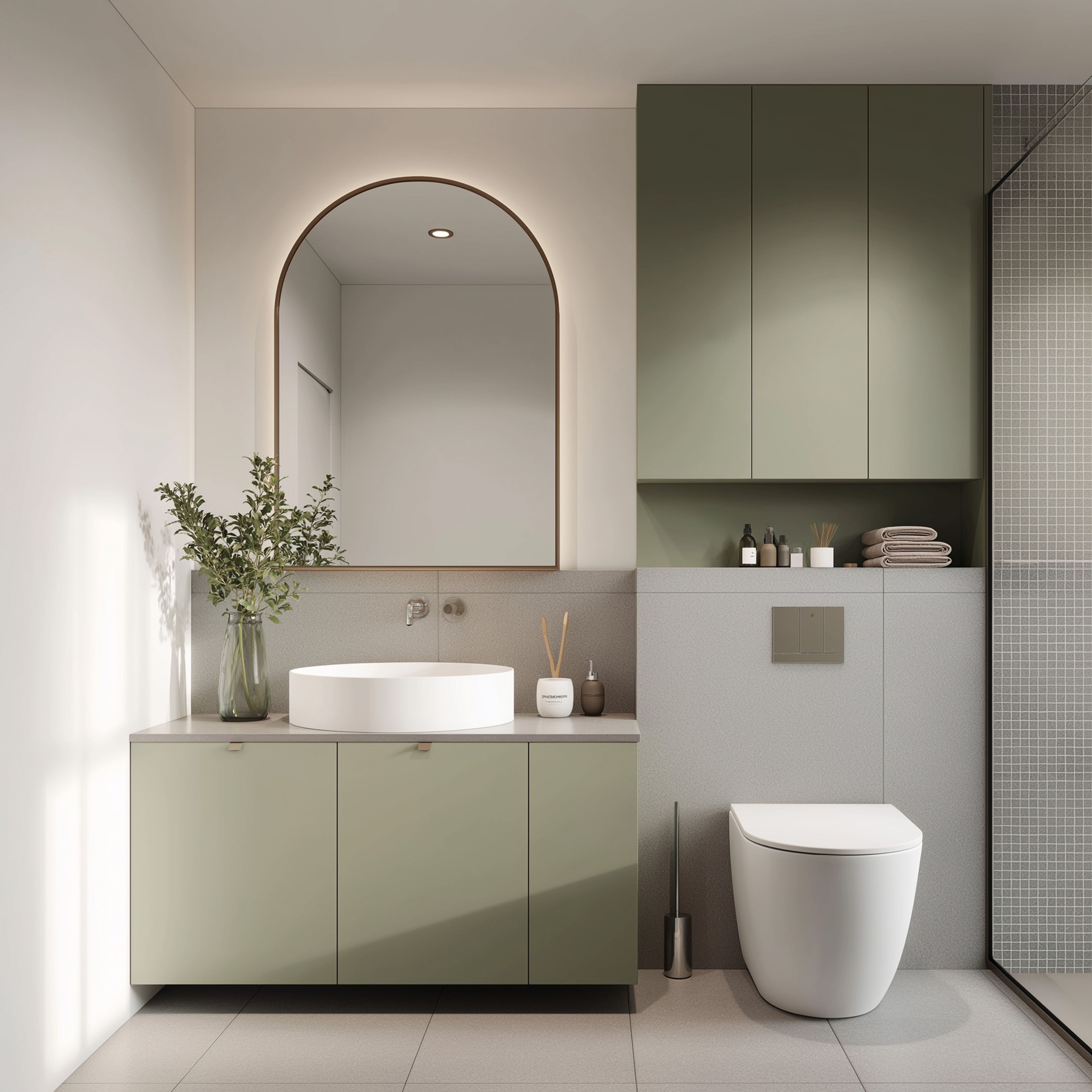 Bathroom Design with Off-White Tiles, Arched Mirror and Floating Vanity