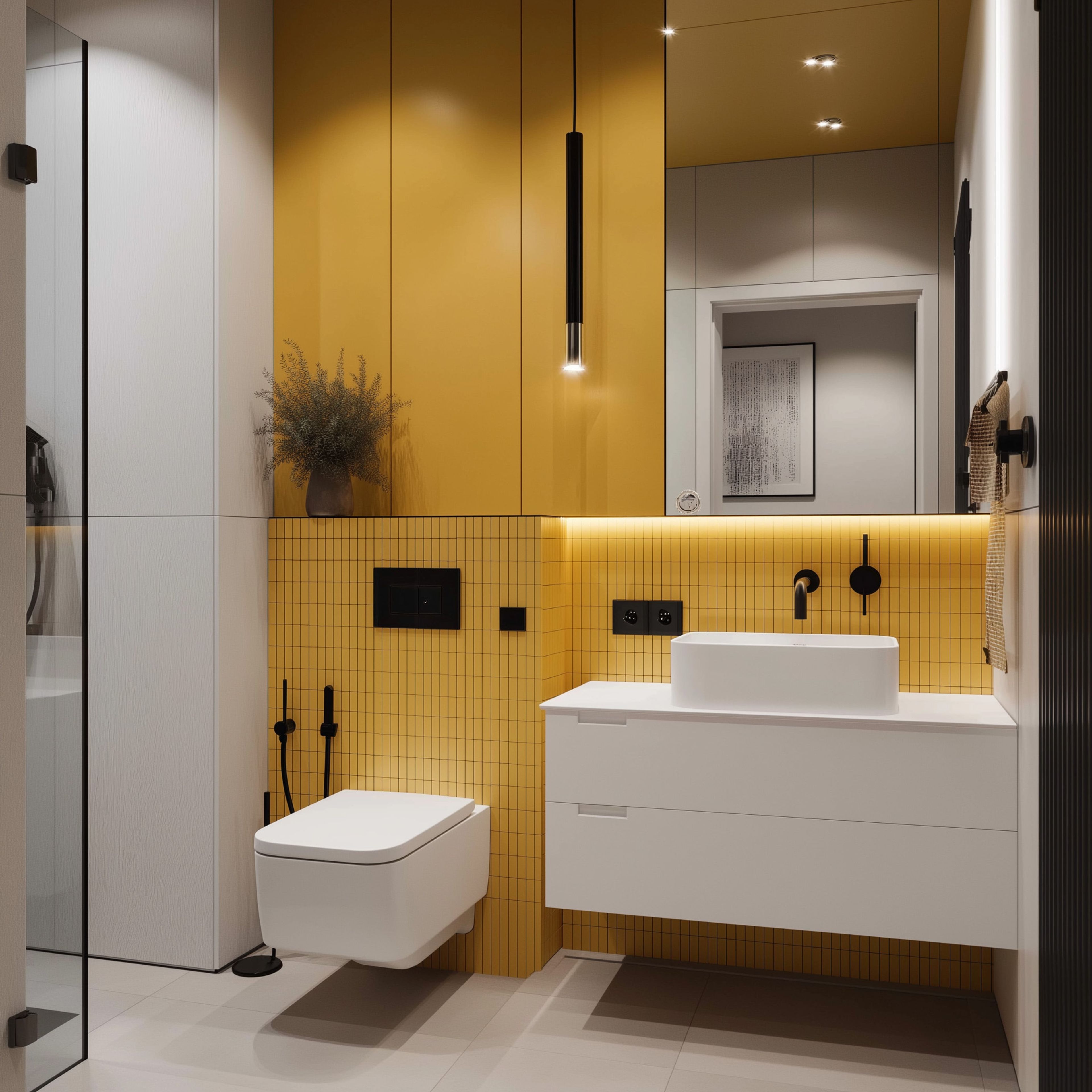 Bathroom Design with Bold Yellow Vanity and Rectangle Mirror
