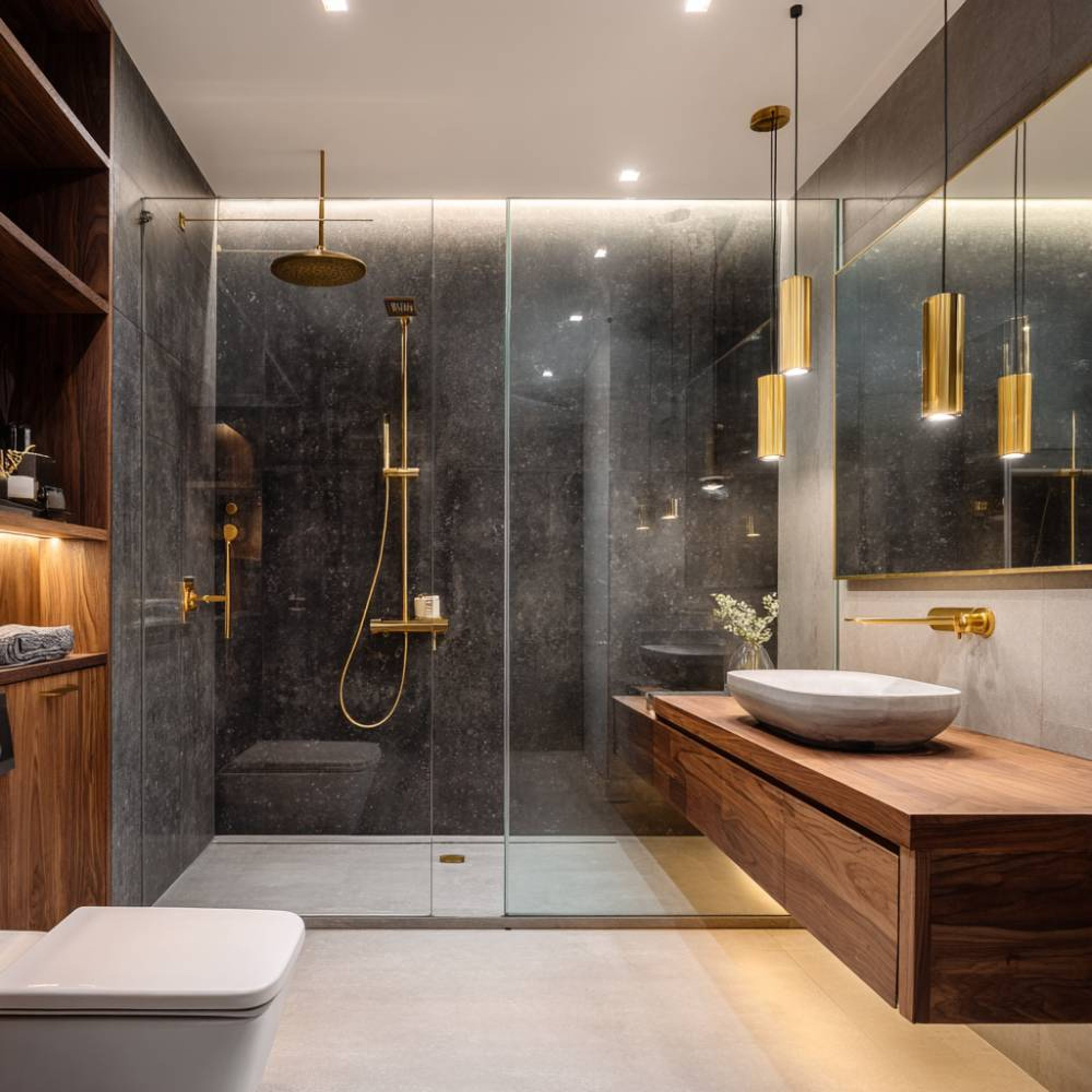 Modern Bathroom Design with Grey Subway Tiles Square Mirror and Botanical Wallpaper