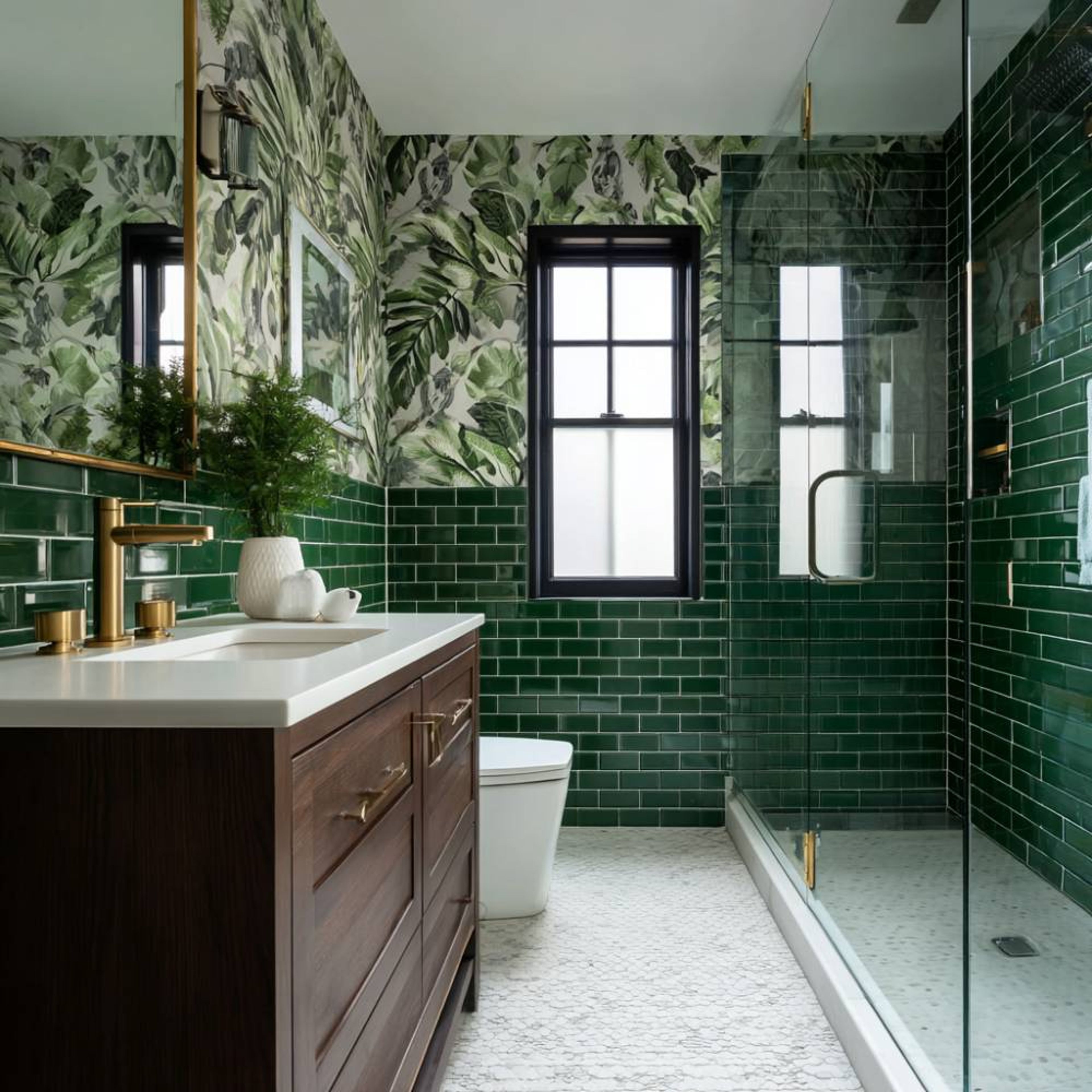 Contemporary Bathroom Design with Green Tiles and Wooden Drawer Unit Vanity