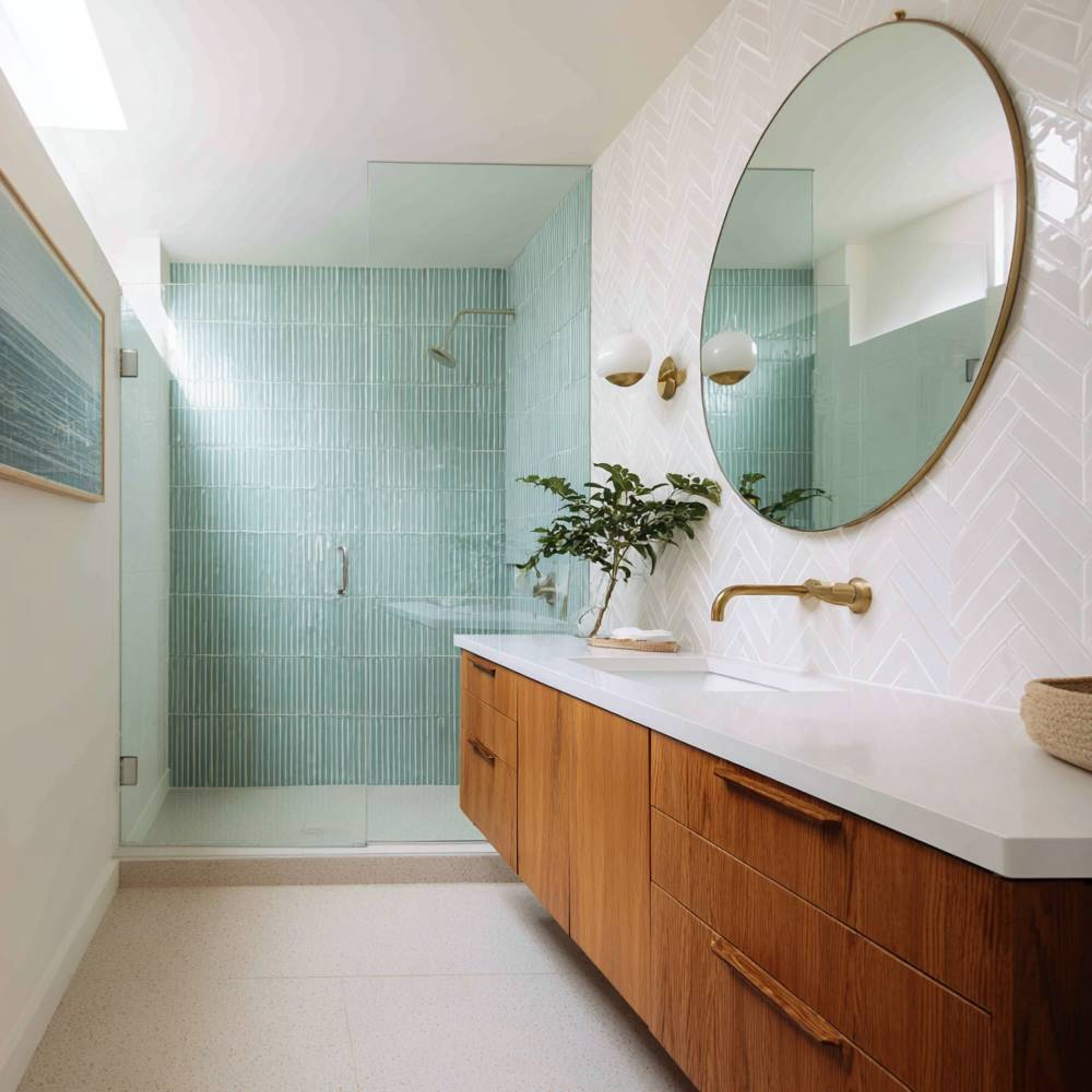 Modern Bathroom Design With Teal and White Tiles and Floating Cabinet and Drawer Vanity