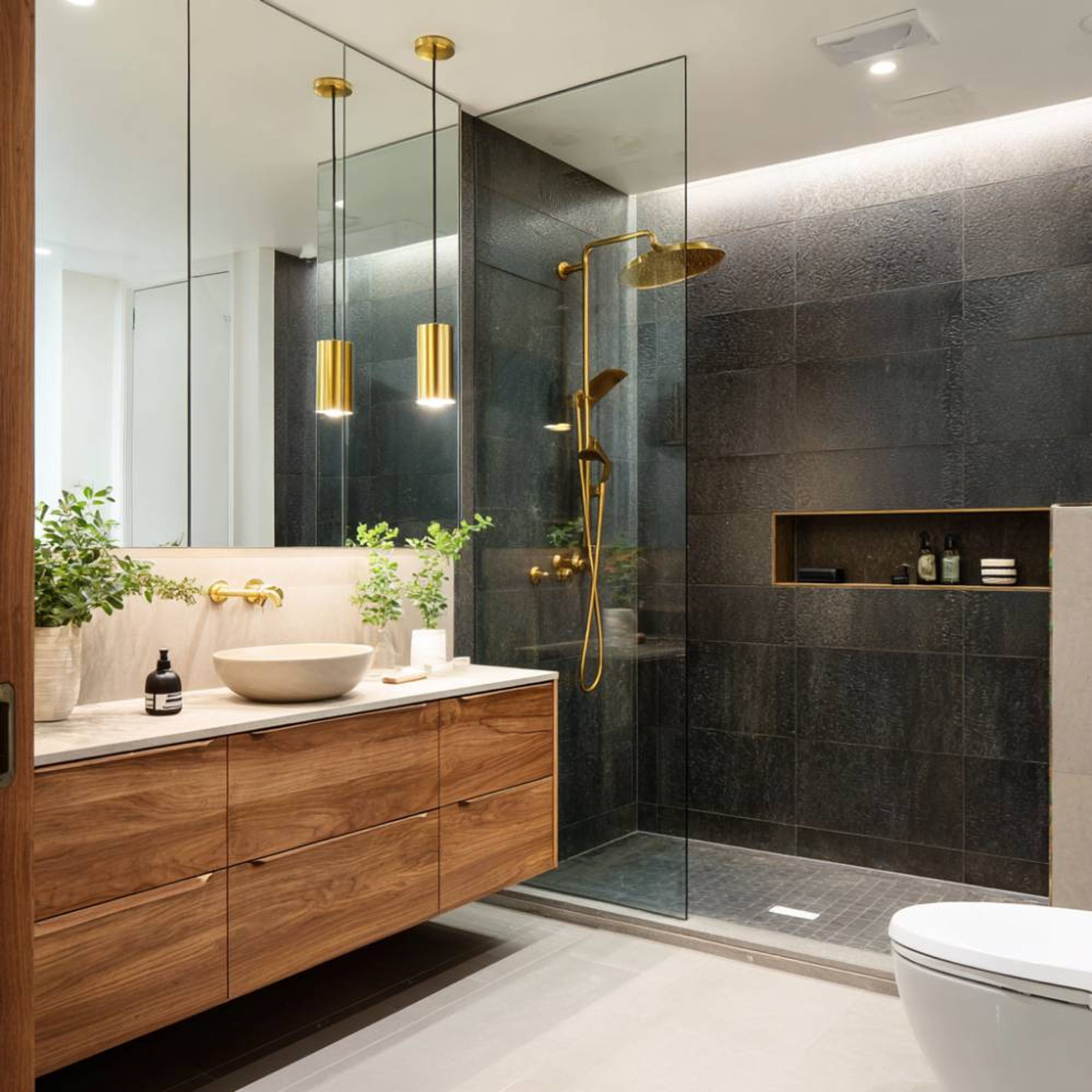 Bathroom Design with Walnut Drawer Vanity and Olive Tiles